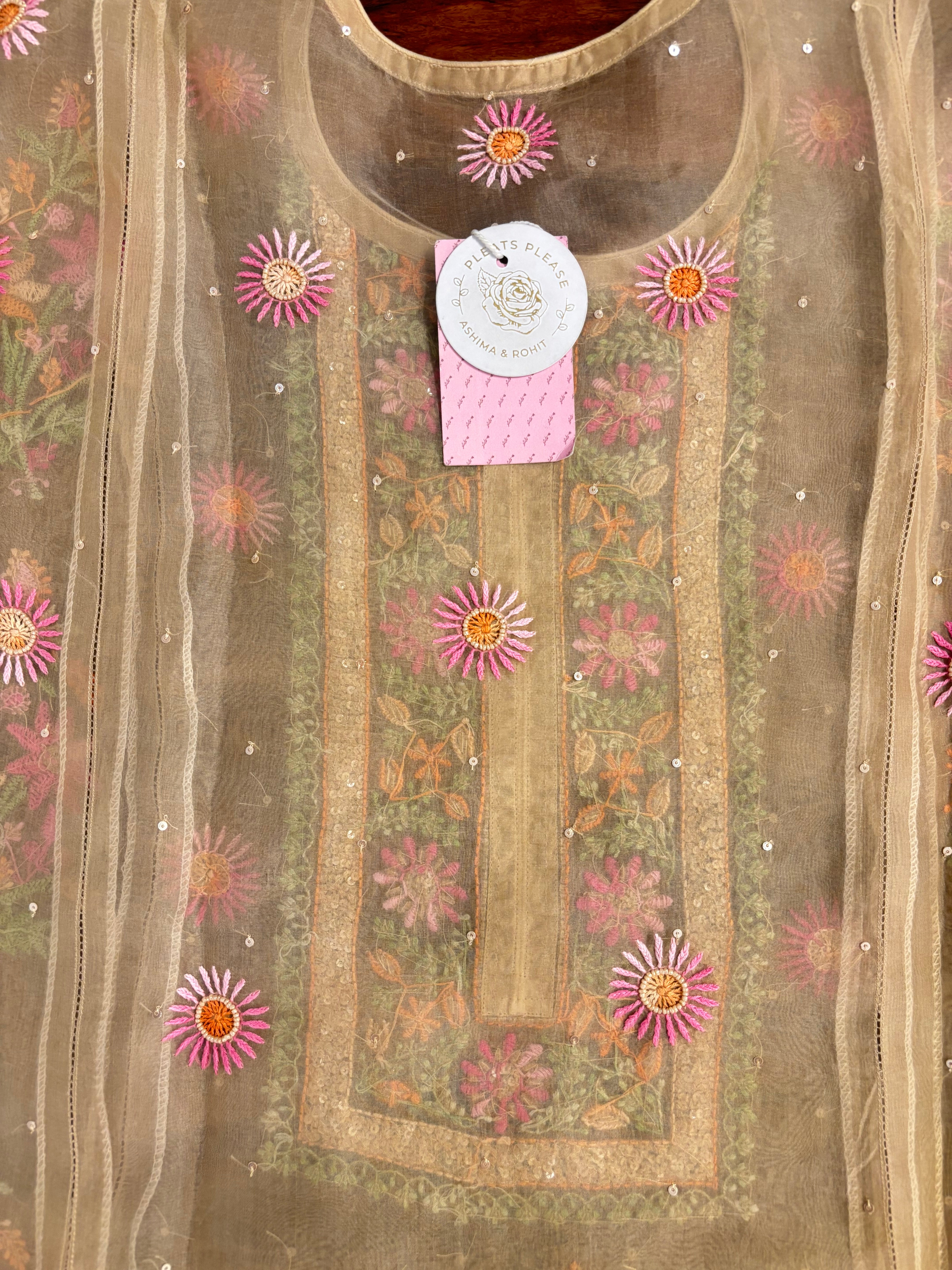 Muddy Gold Pure Organza Silk Chikankari Kurta & Dupatta