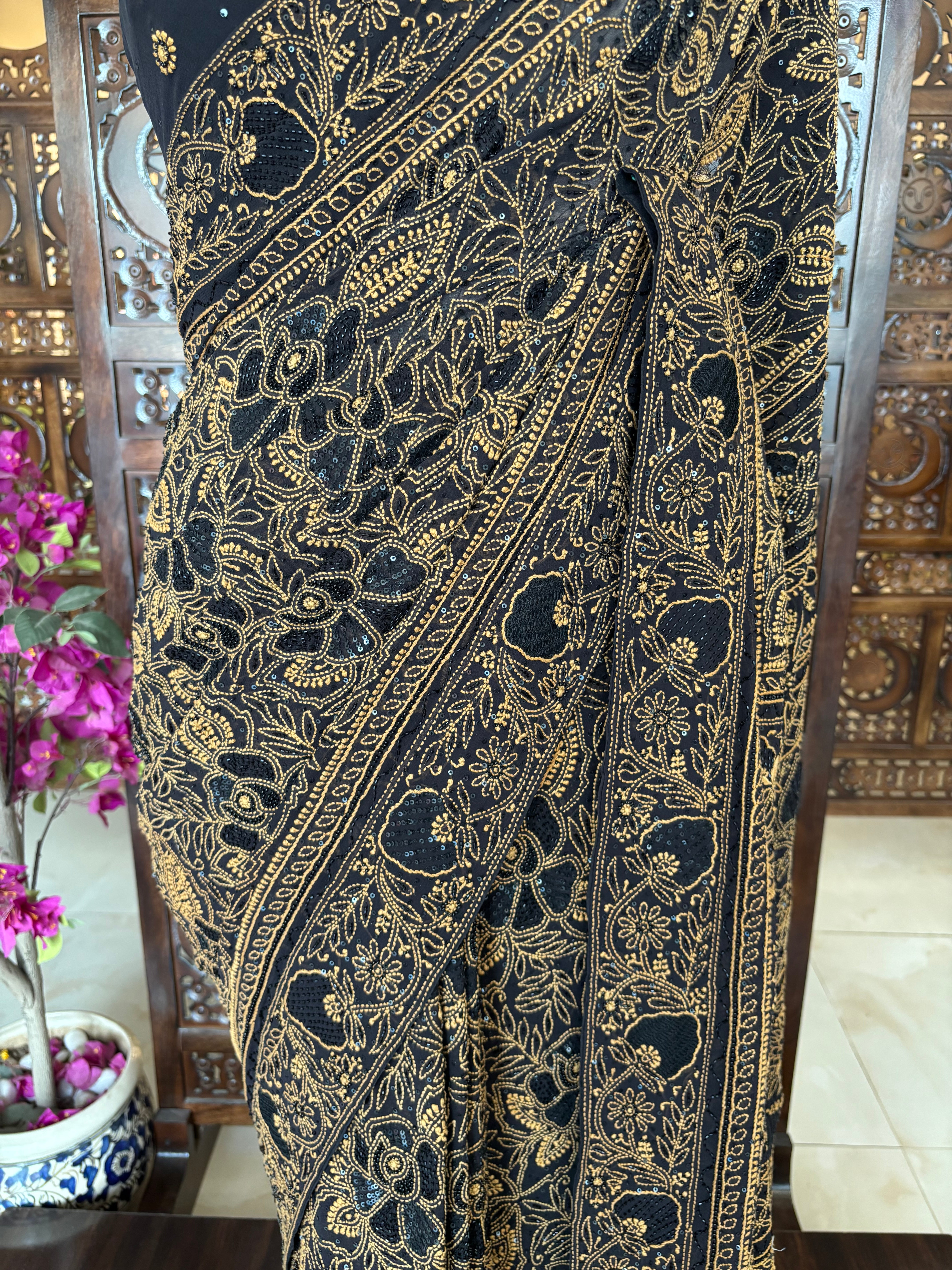 Black Pure & Premium Georgette Chikankari Saree