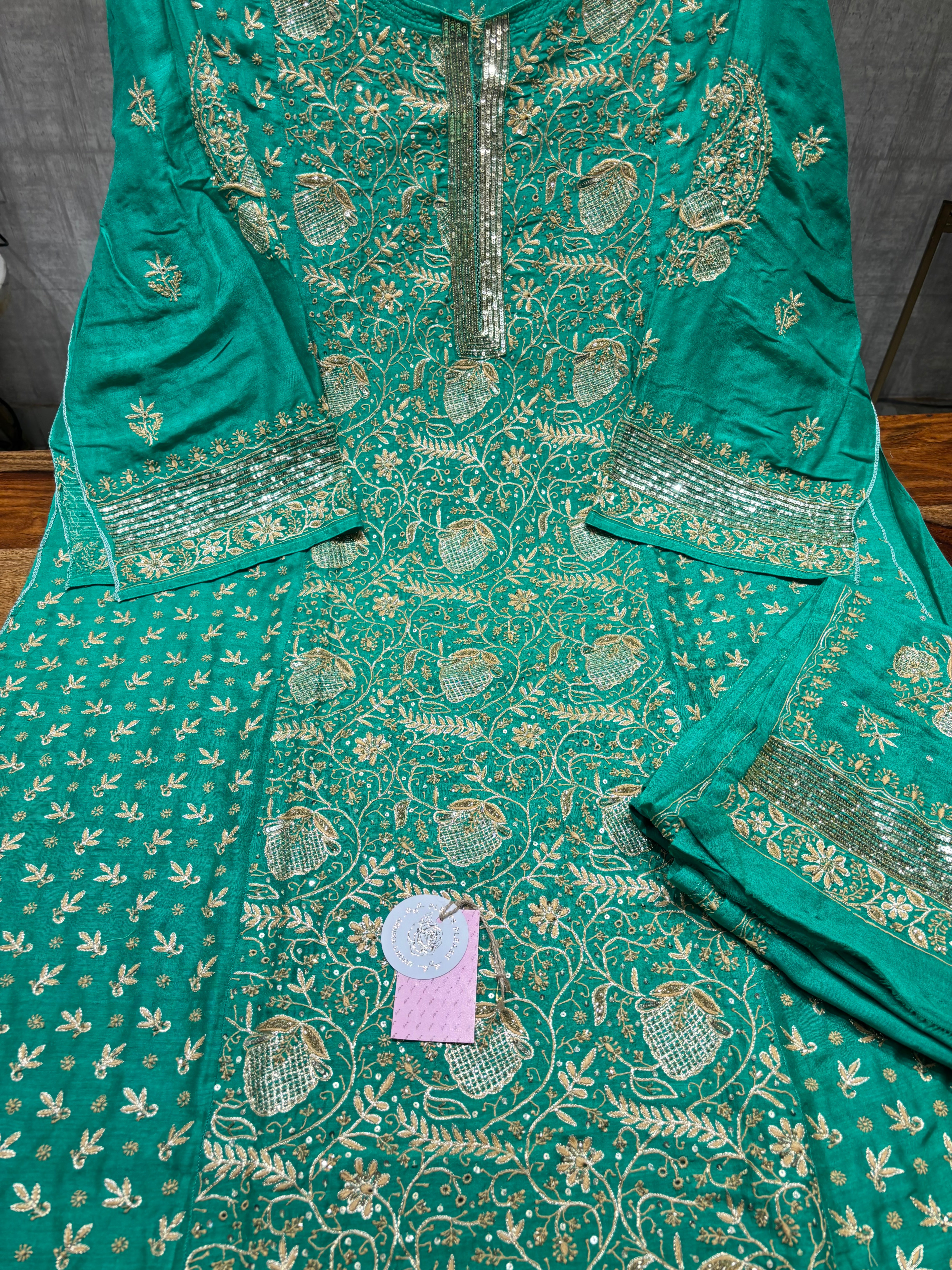Green Monga Silk Chikankari Kurta and Dupatta