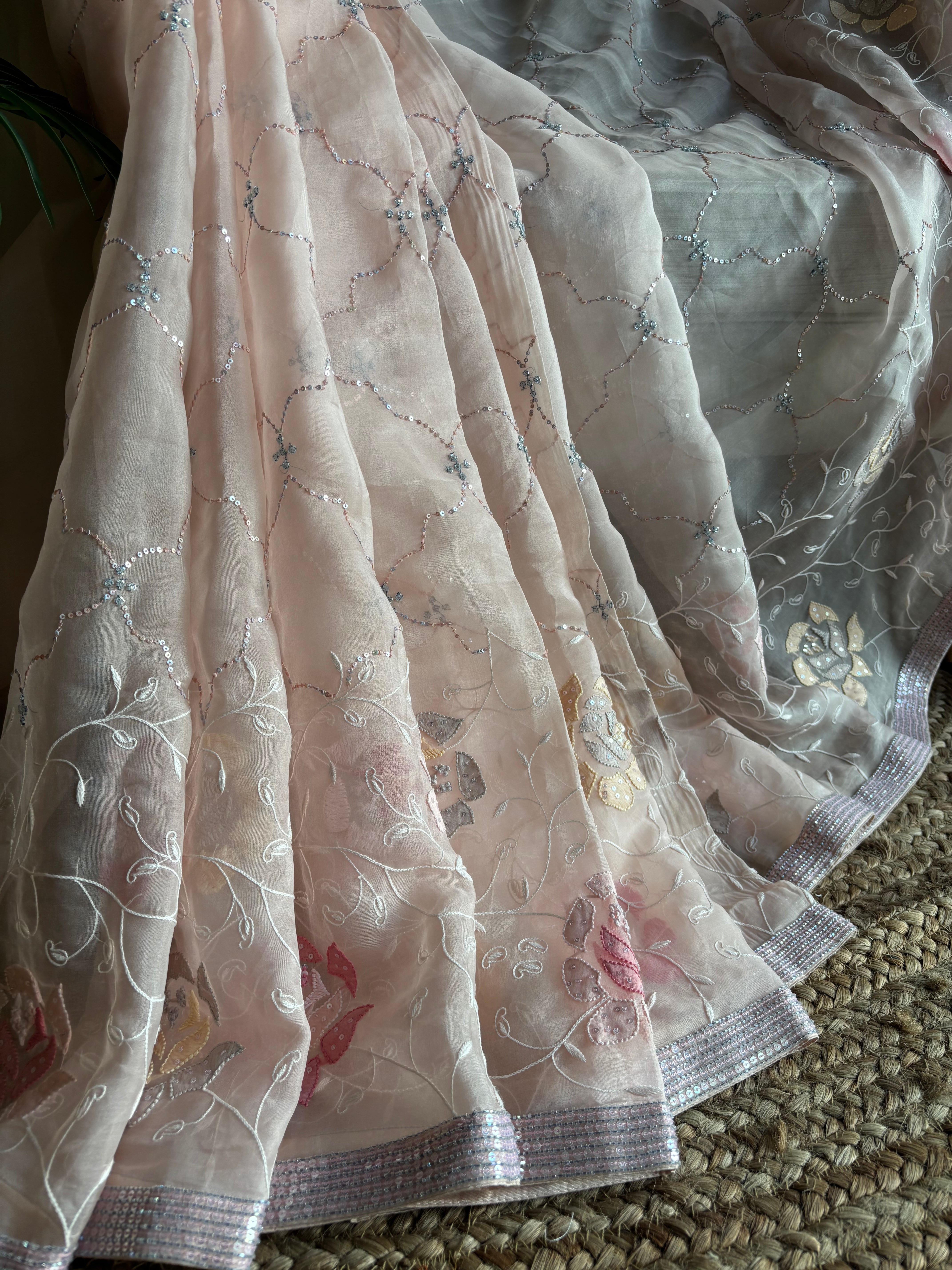 Pale Peach Pure Organza Chikankari Saree with Blouse