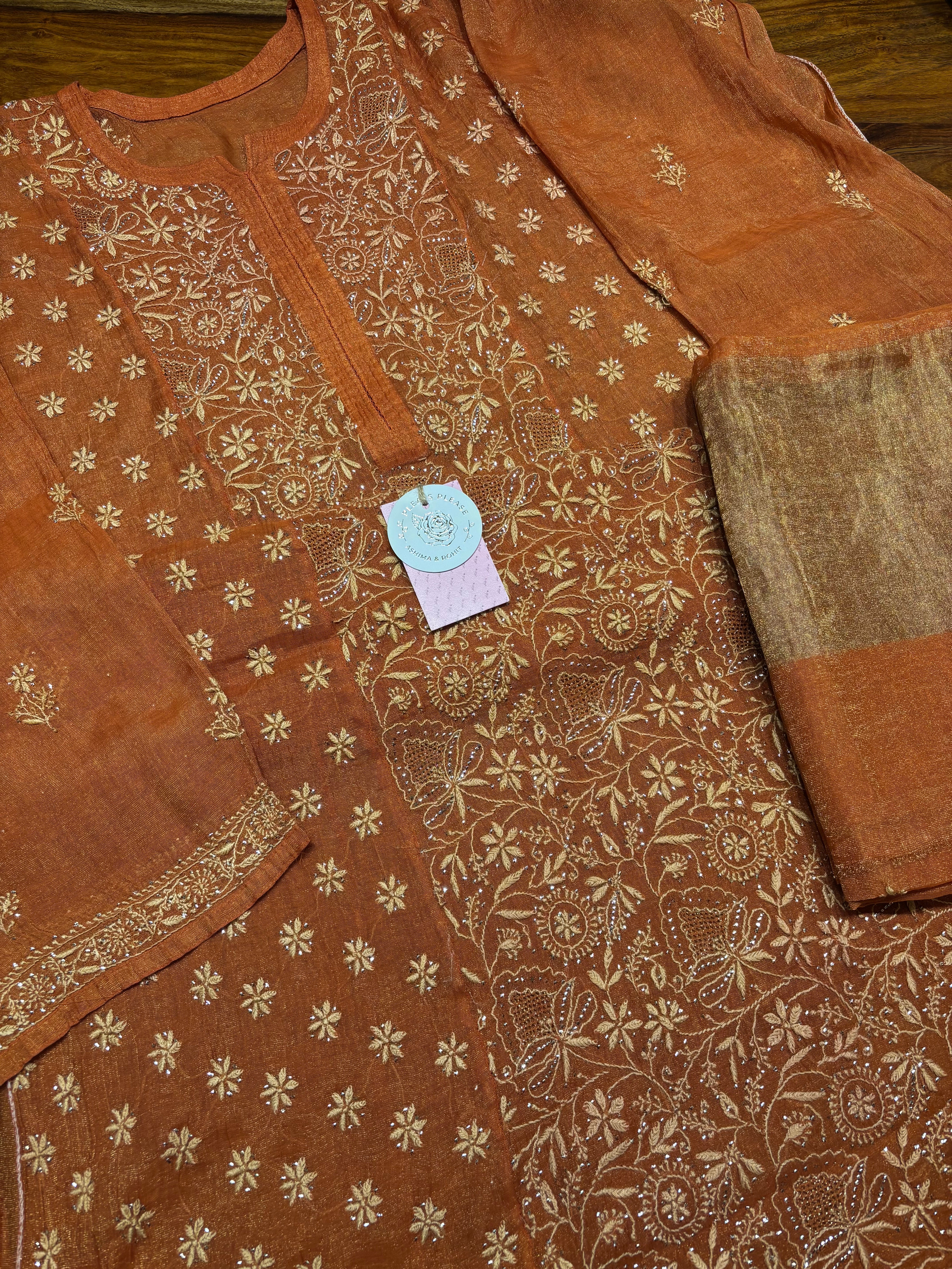 Burnt Orange Pure & Premium Tissue Chikankari & Mukaish Kurta & Dupatta Set