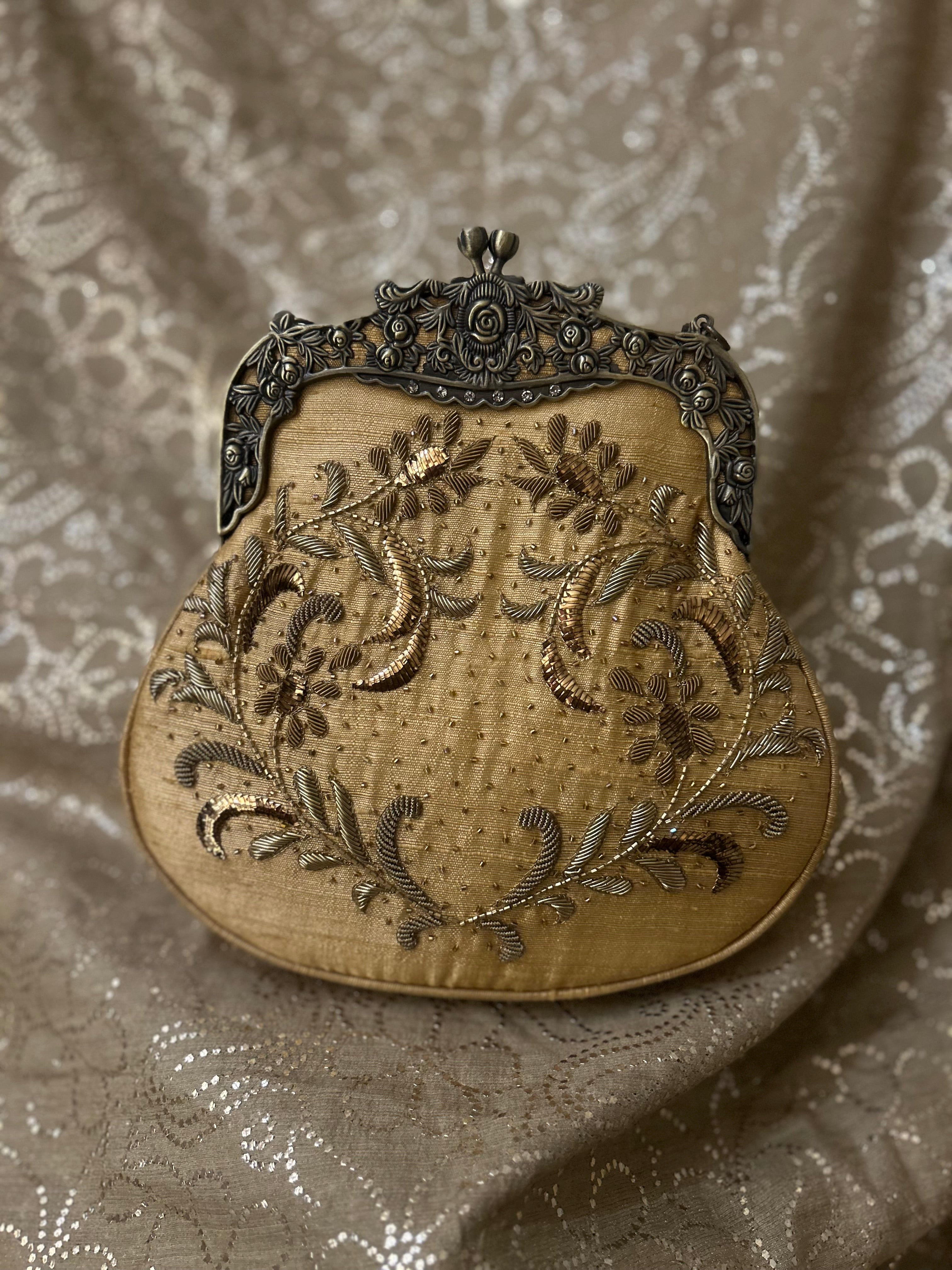 Beige Zardozi Mukaish Clutch Bag