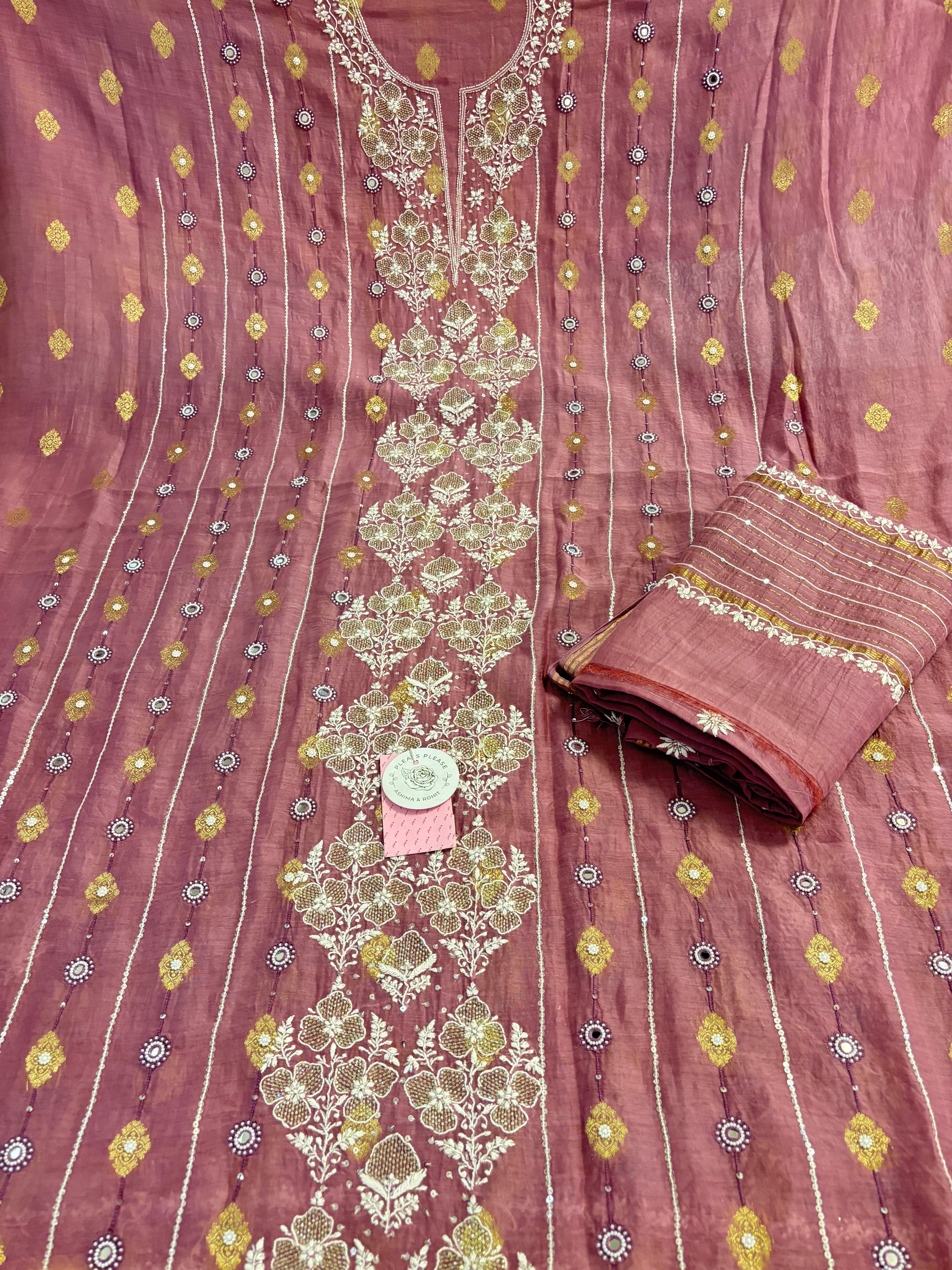 Mauve Plum Chanderi Banarasi Silk Chikankari Kurta & Dupatta