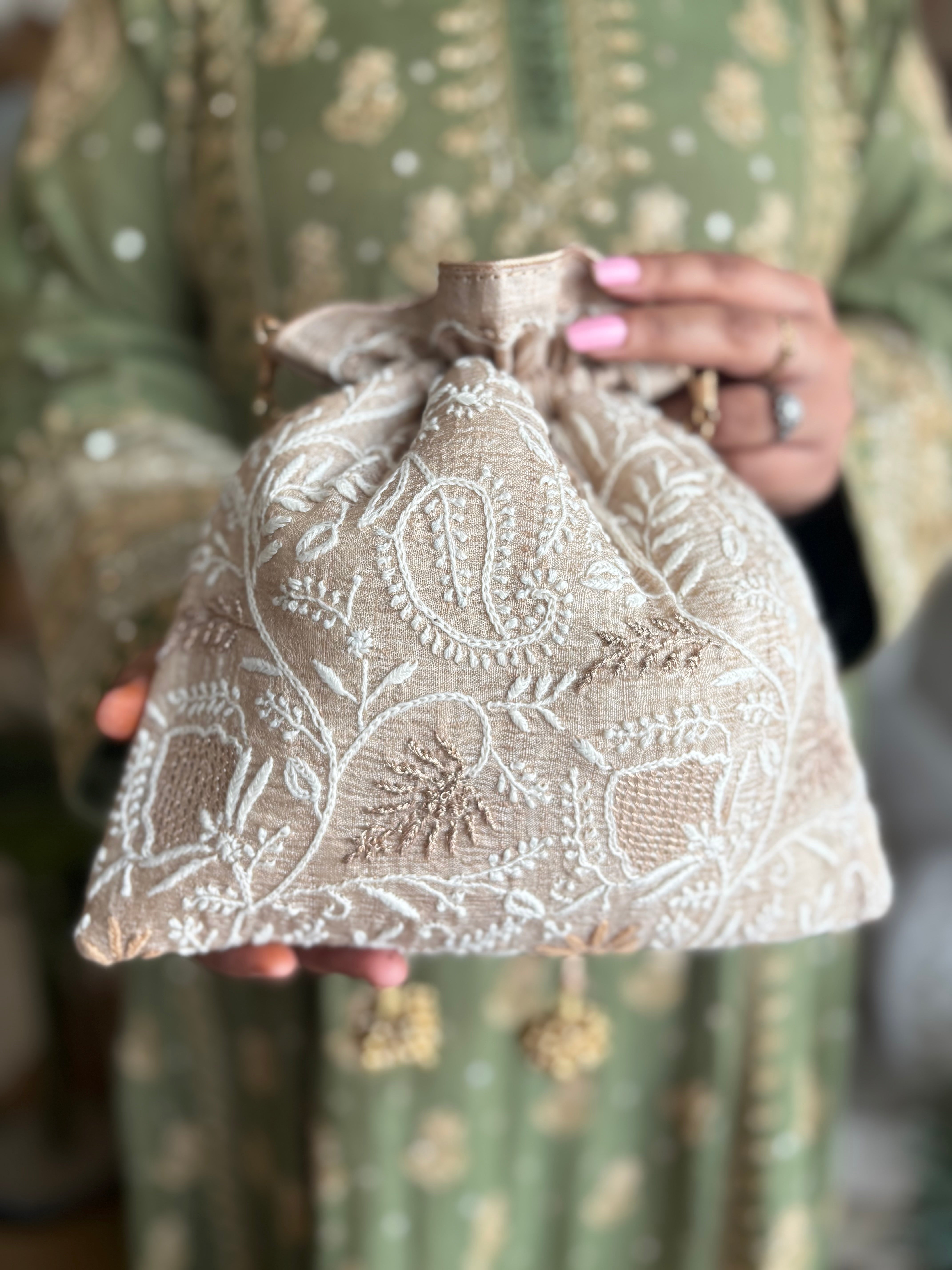 Beige Silk Chikankari Potli