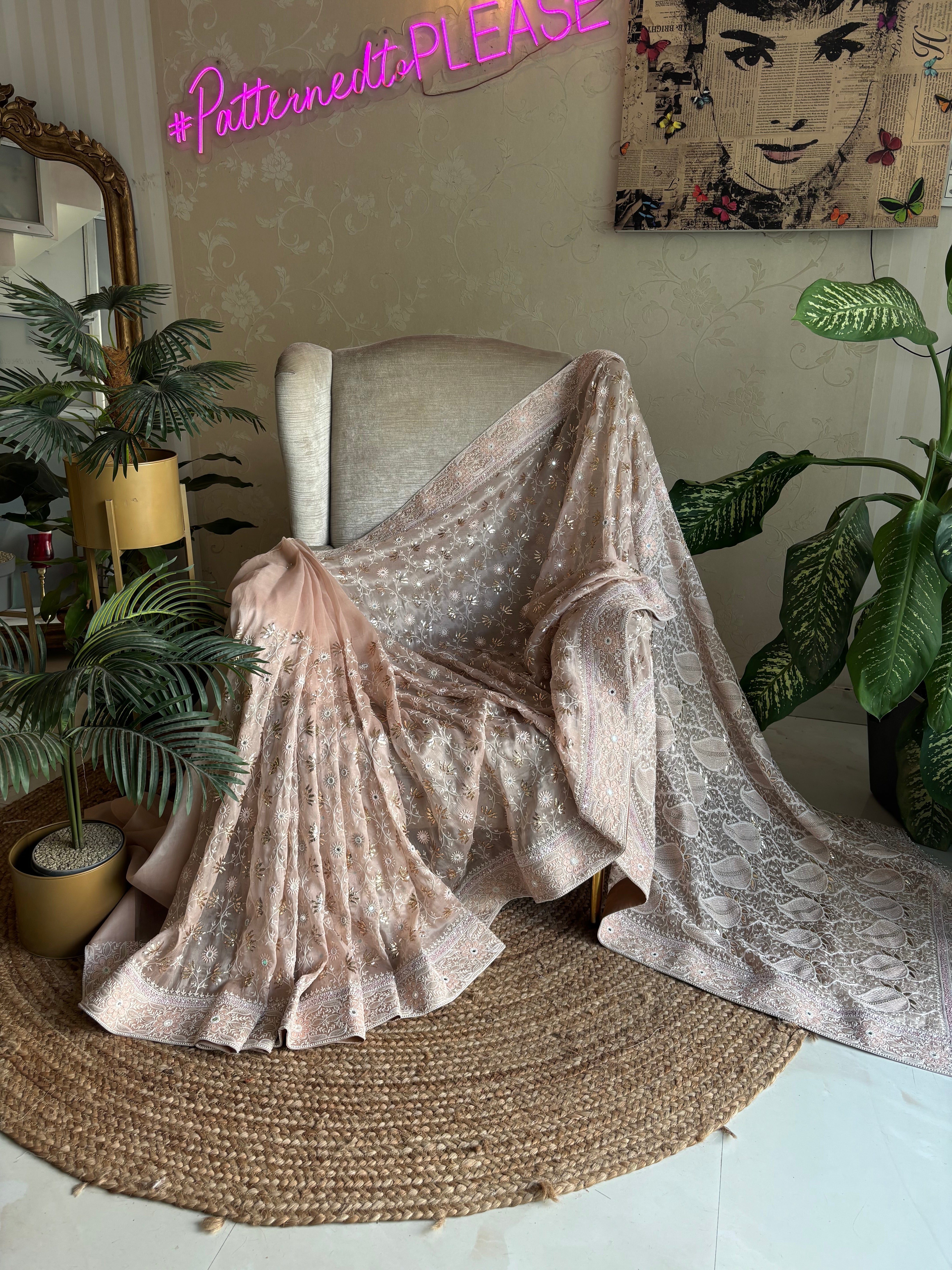 Dusty Peach Pure And Premium Organza Chikankari and Mukaish Saree