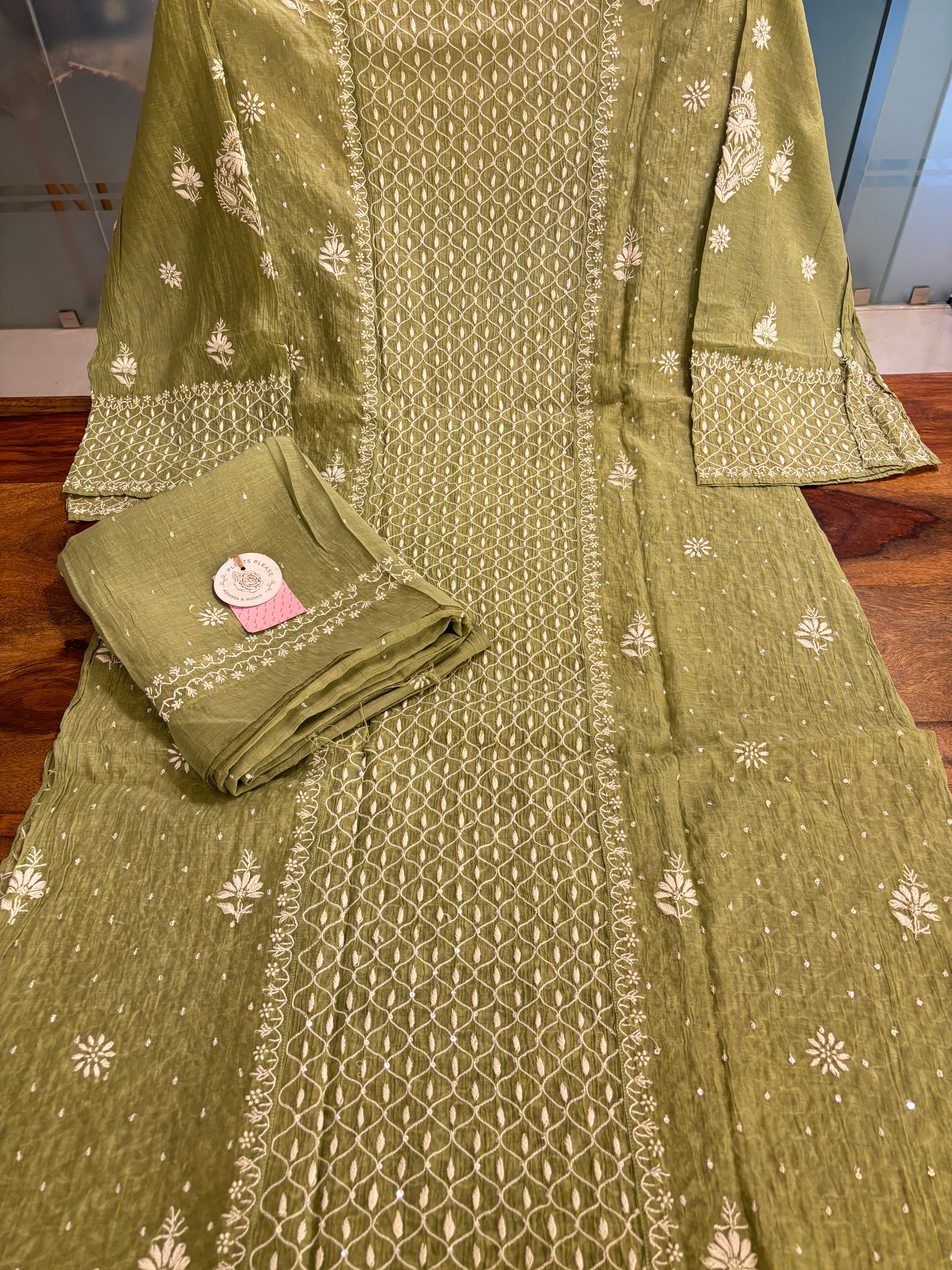 Green Chanderi Chikankari Kurta & Dupatta