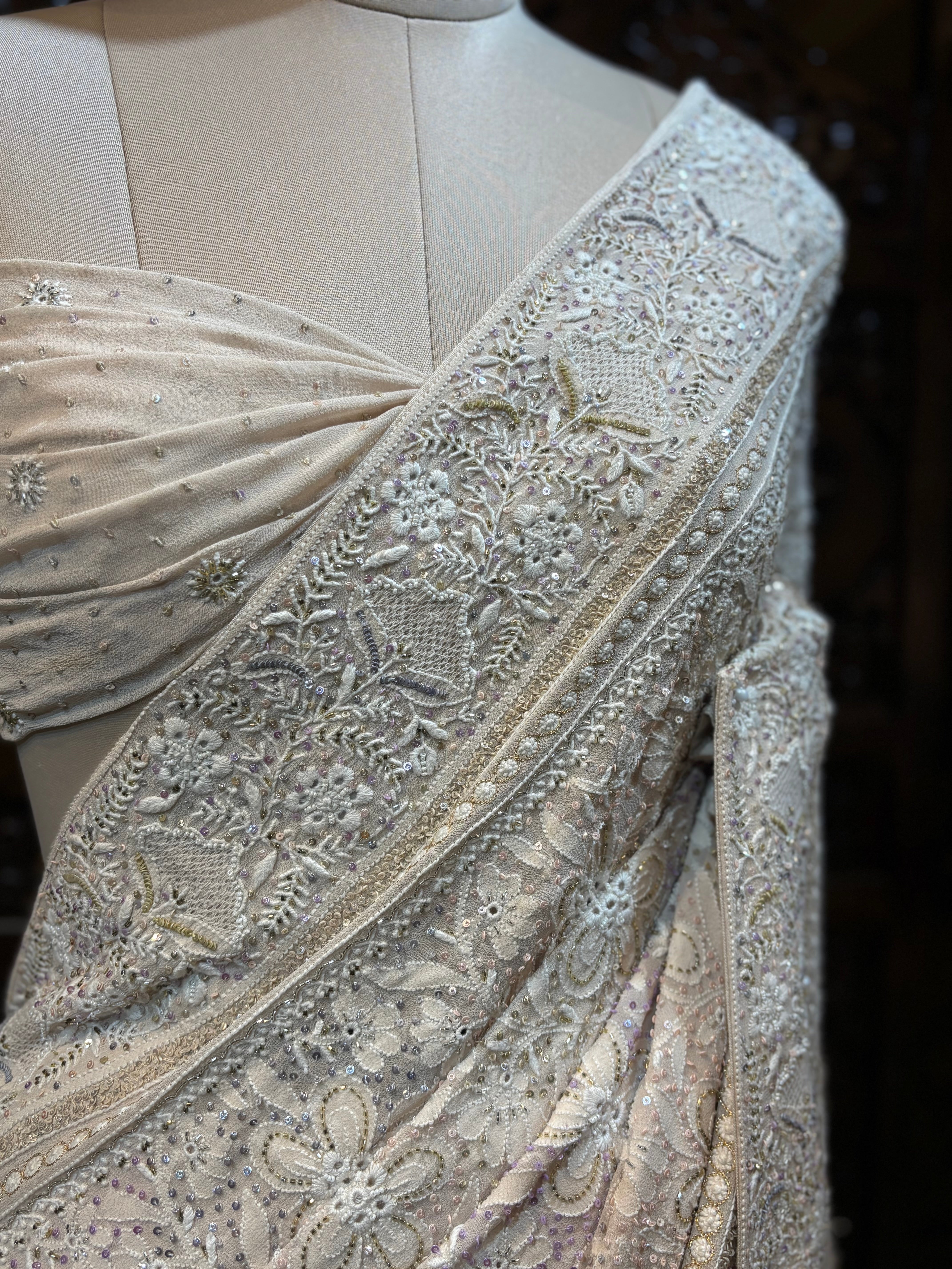 Coffee Cream Pure Georgette Chikankari Saree and Blouse - Pleats PleaseChikankari