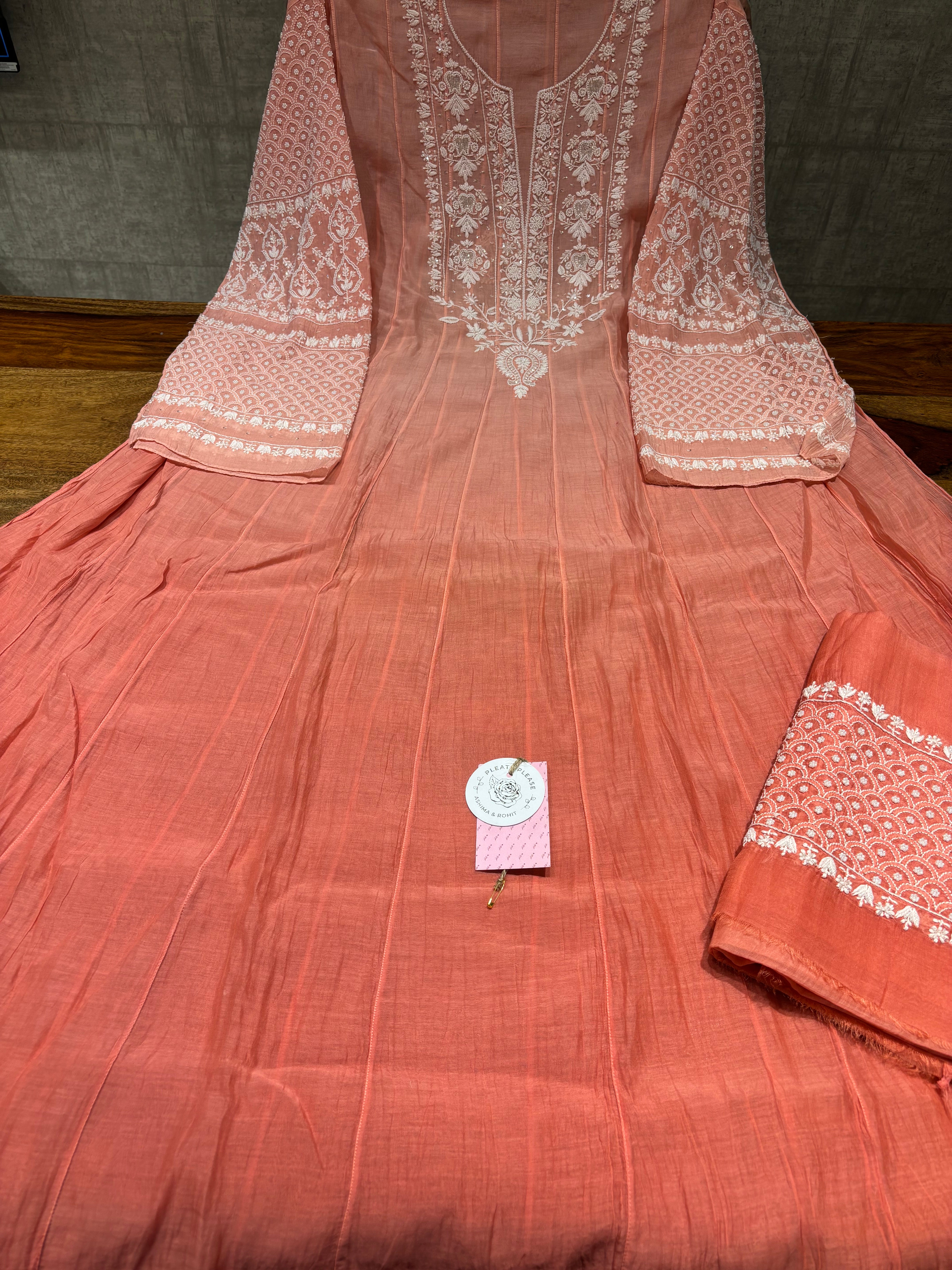 Coral Pink Ombre Chanderi Mul Chikankari Anarkali & Dupatta Set