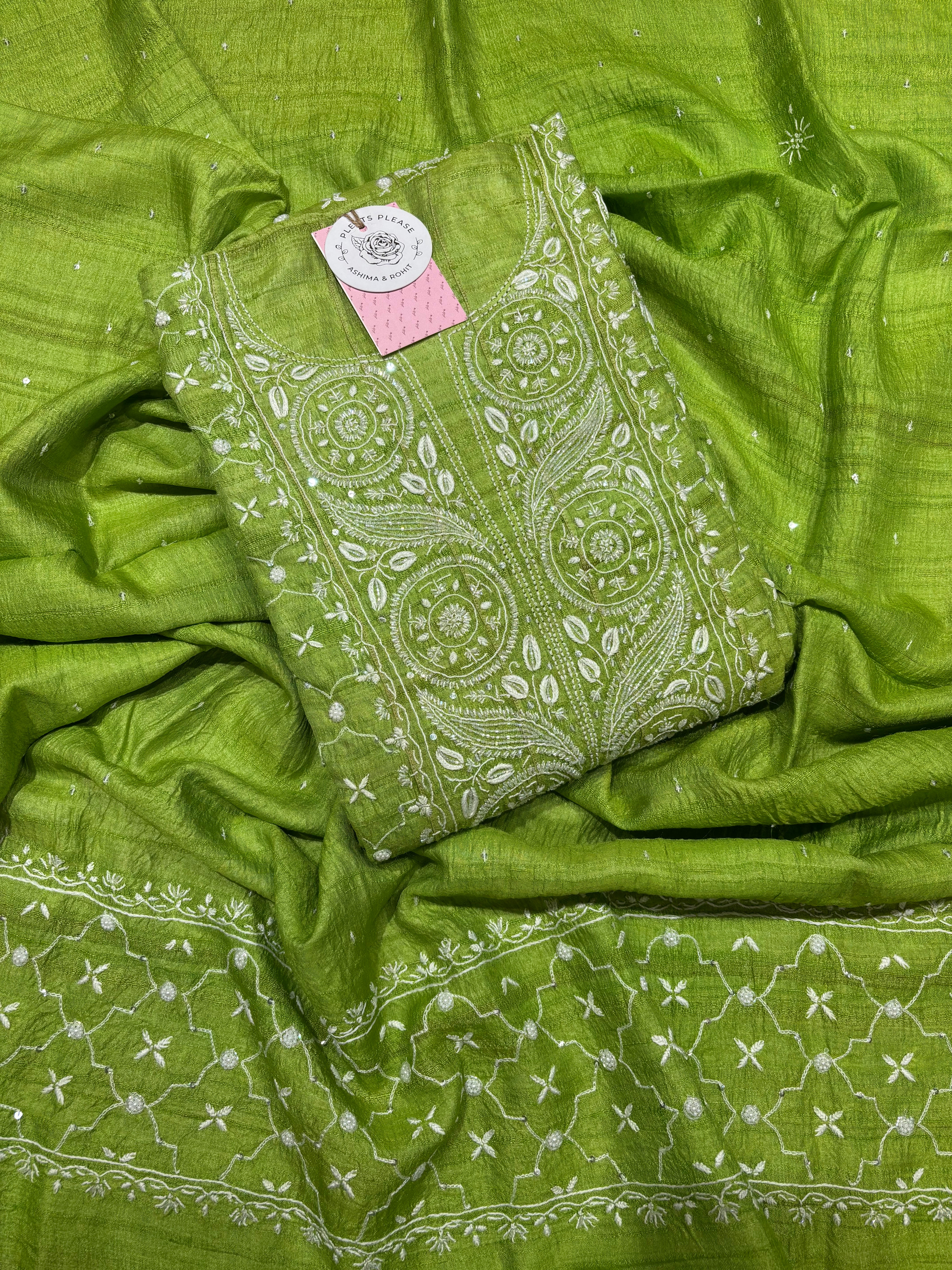Green Tussar Silk Chikankari Anarkali and Dupatta Set