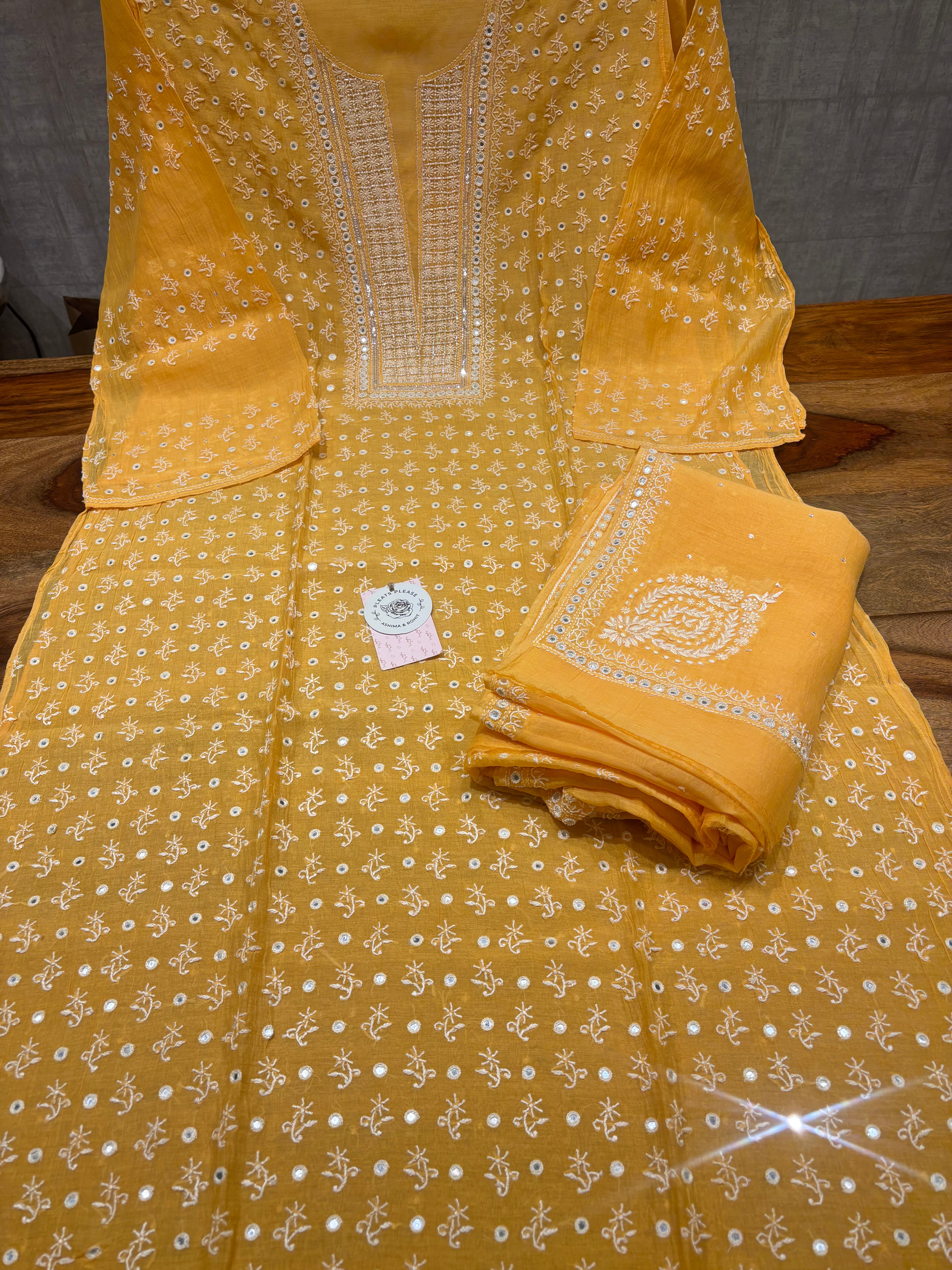 Mango Yellow Chanderi Mul Chikankari Kurta & Dupatta Set