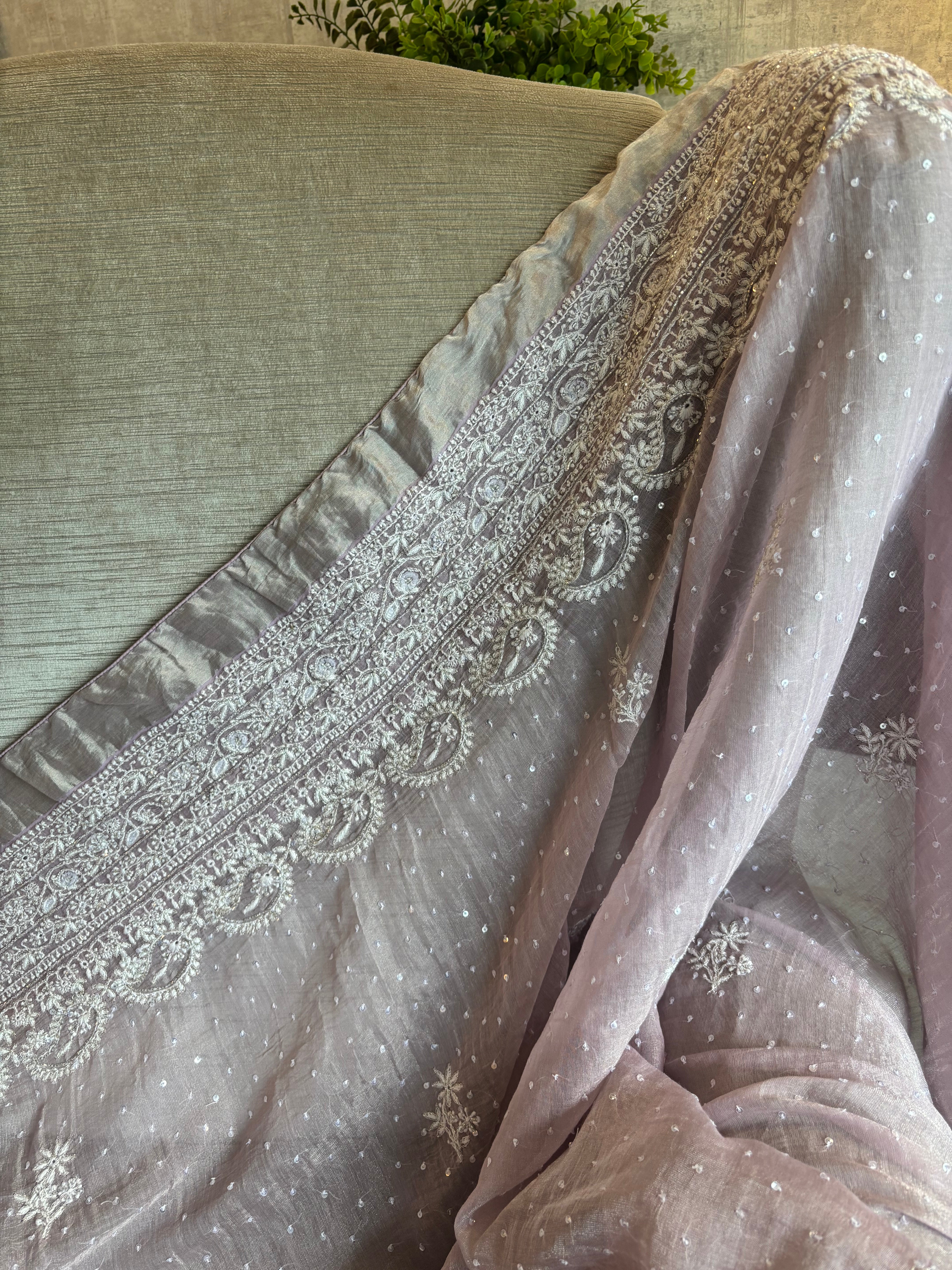 Lavender Pure and Premium Tissue Chikankari Saree and Blouse