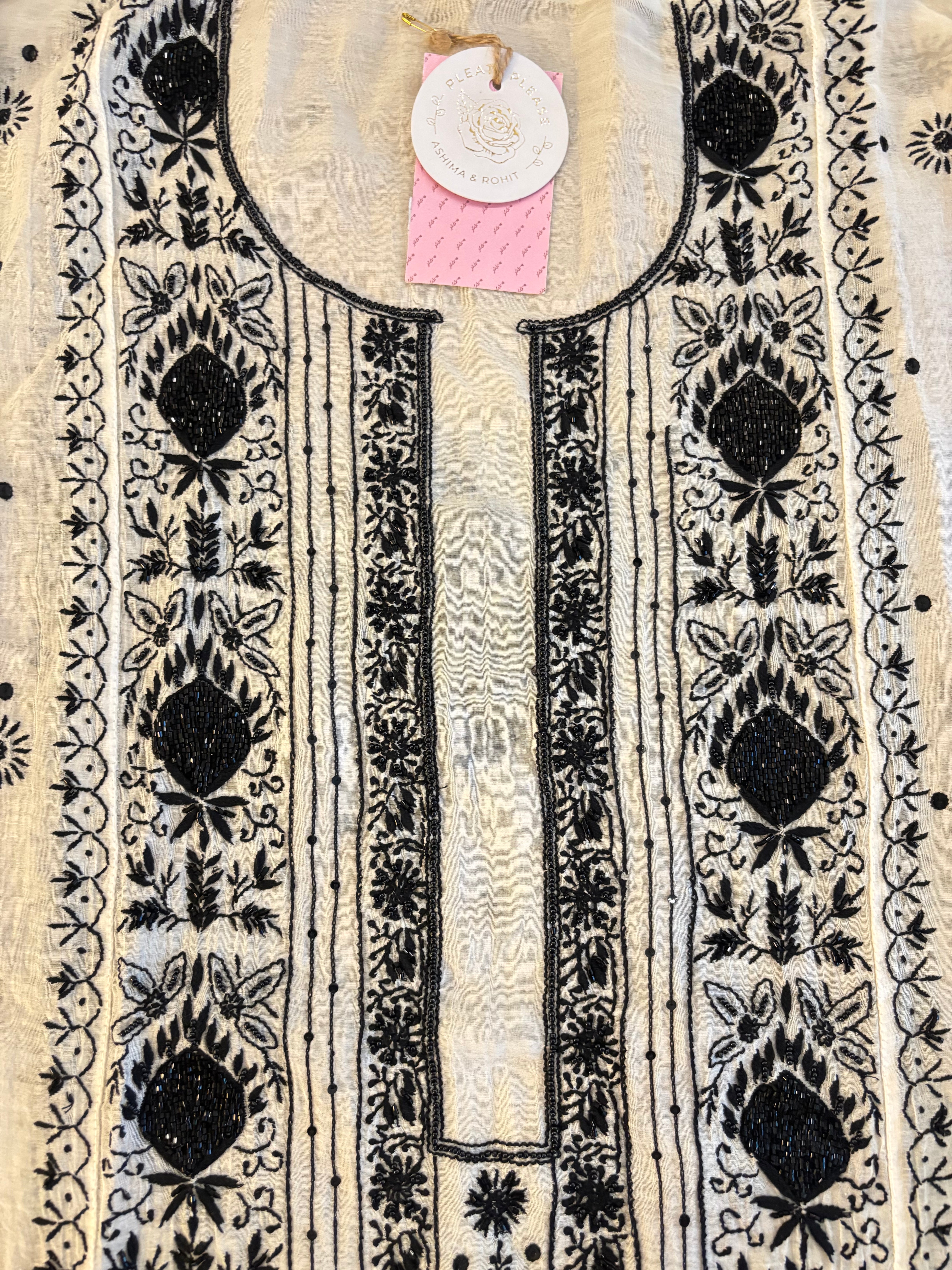 Dyeable Black & White Chanderi Chikankari Kurta & Dupatta