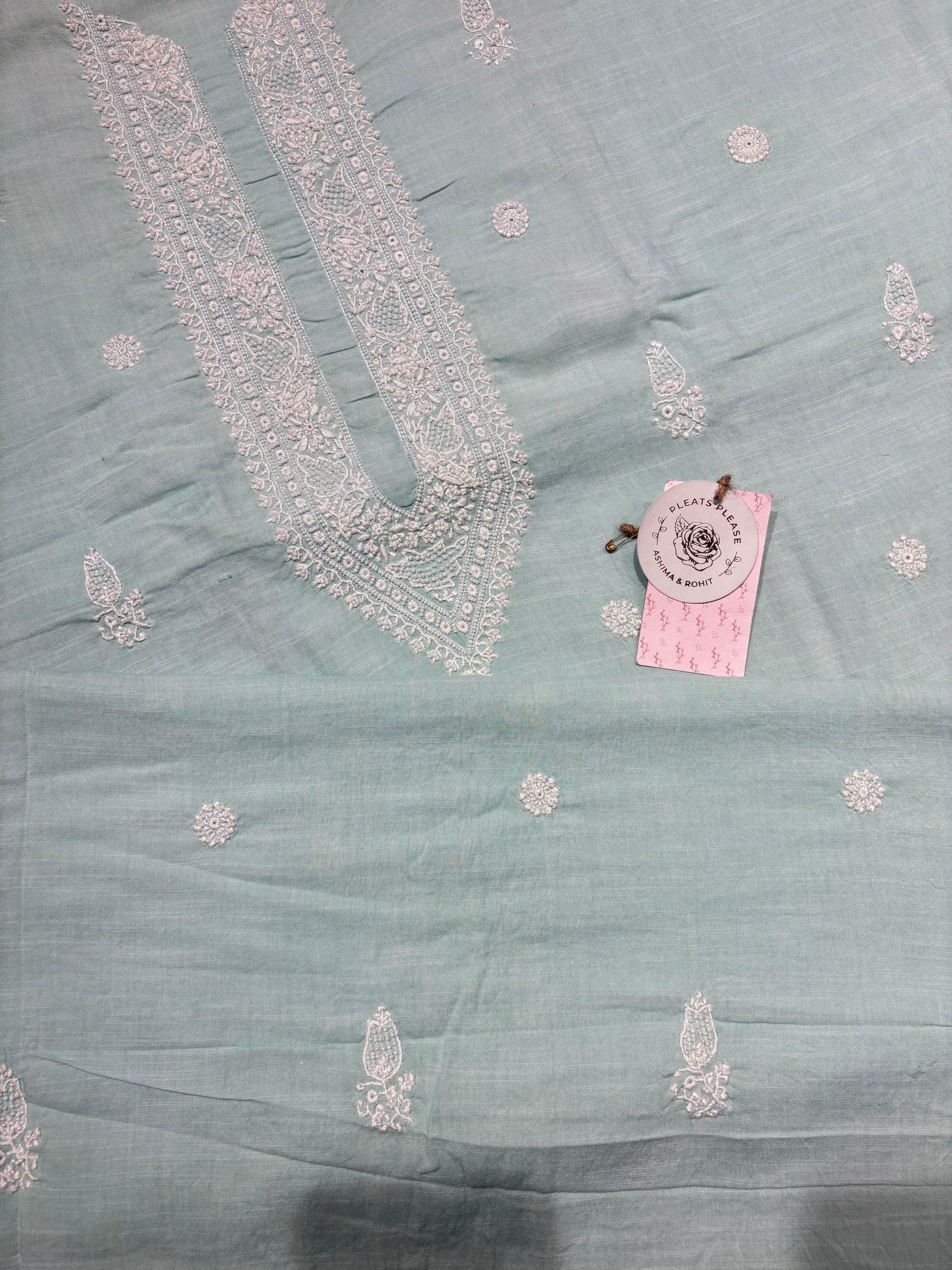 Sea foam Mul Chikankari Men's Kurta Fabric