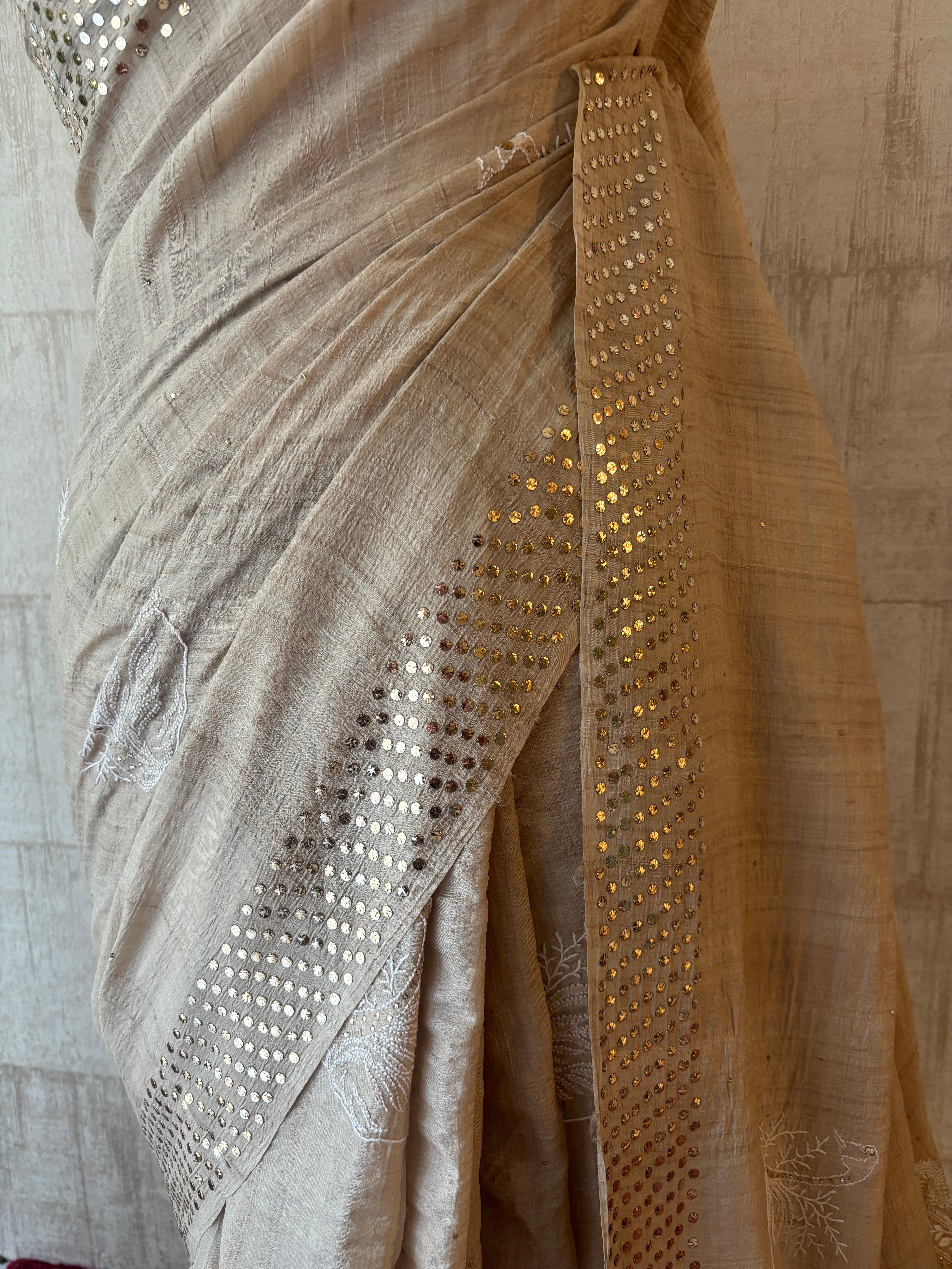 Dyeable Pure and Premium Tussar Silk Chikankari & Mukaish Saree and Blouse