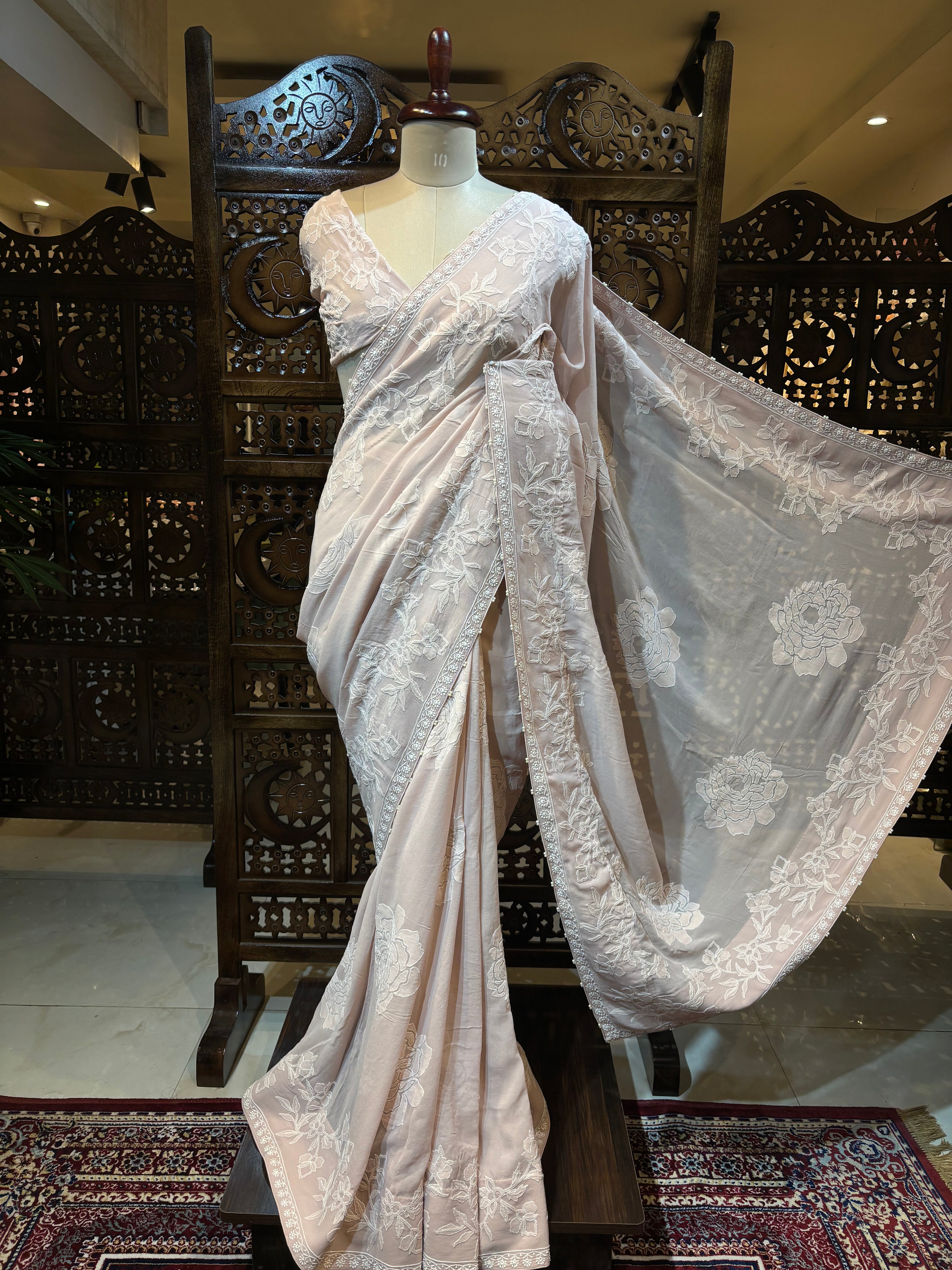 Dusty Peach Pure & Premium Georgette Chikankari Saree & Blouse - Pleats PleaseChikankari