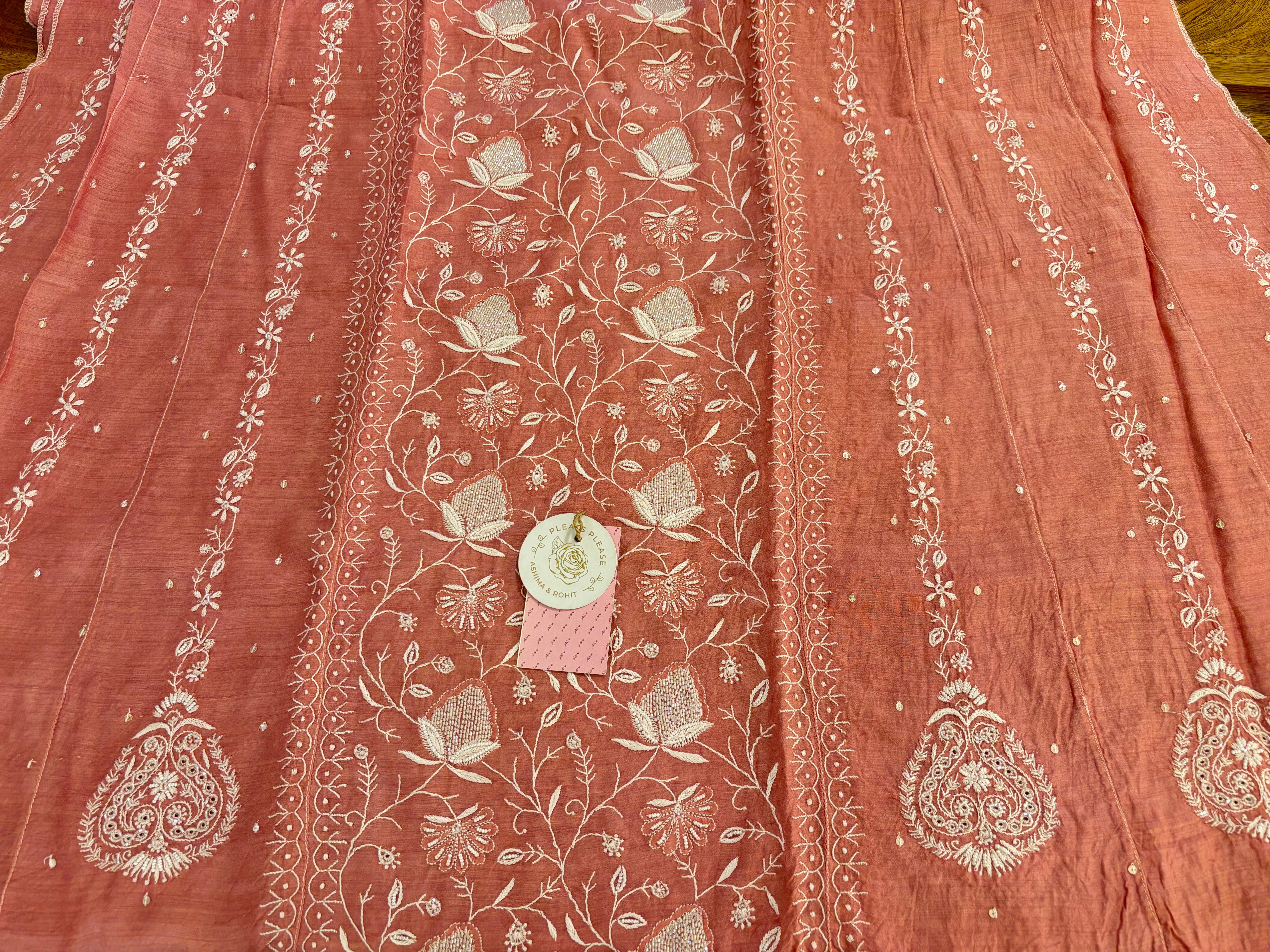Peach Monga Silk Chikankari Anarkali & Dupatta Set