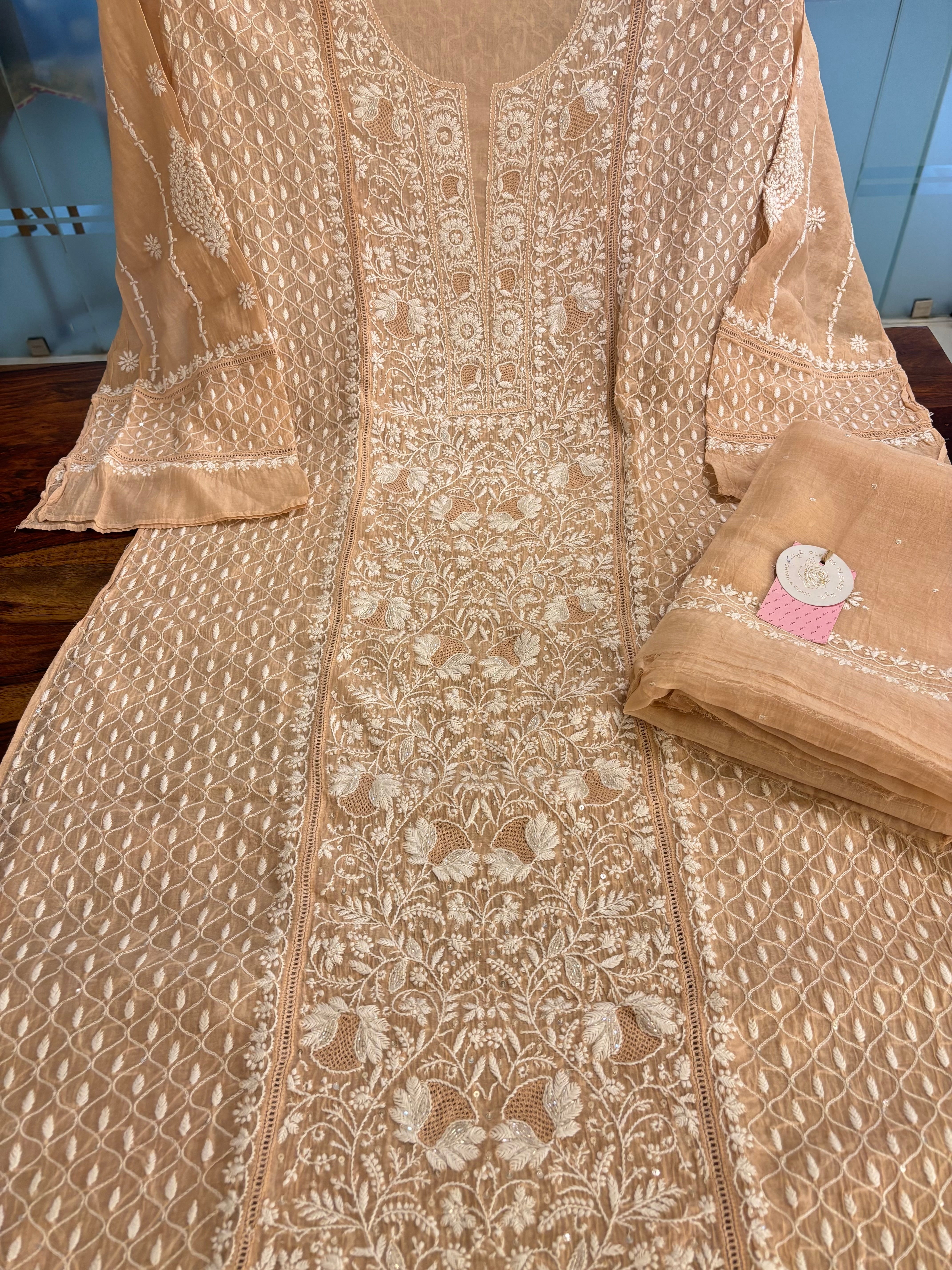 Peach Chanderi Chikankari Kurta & Dupatta