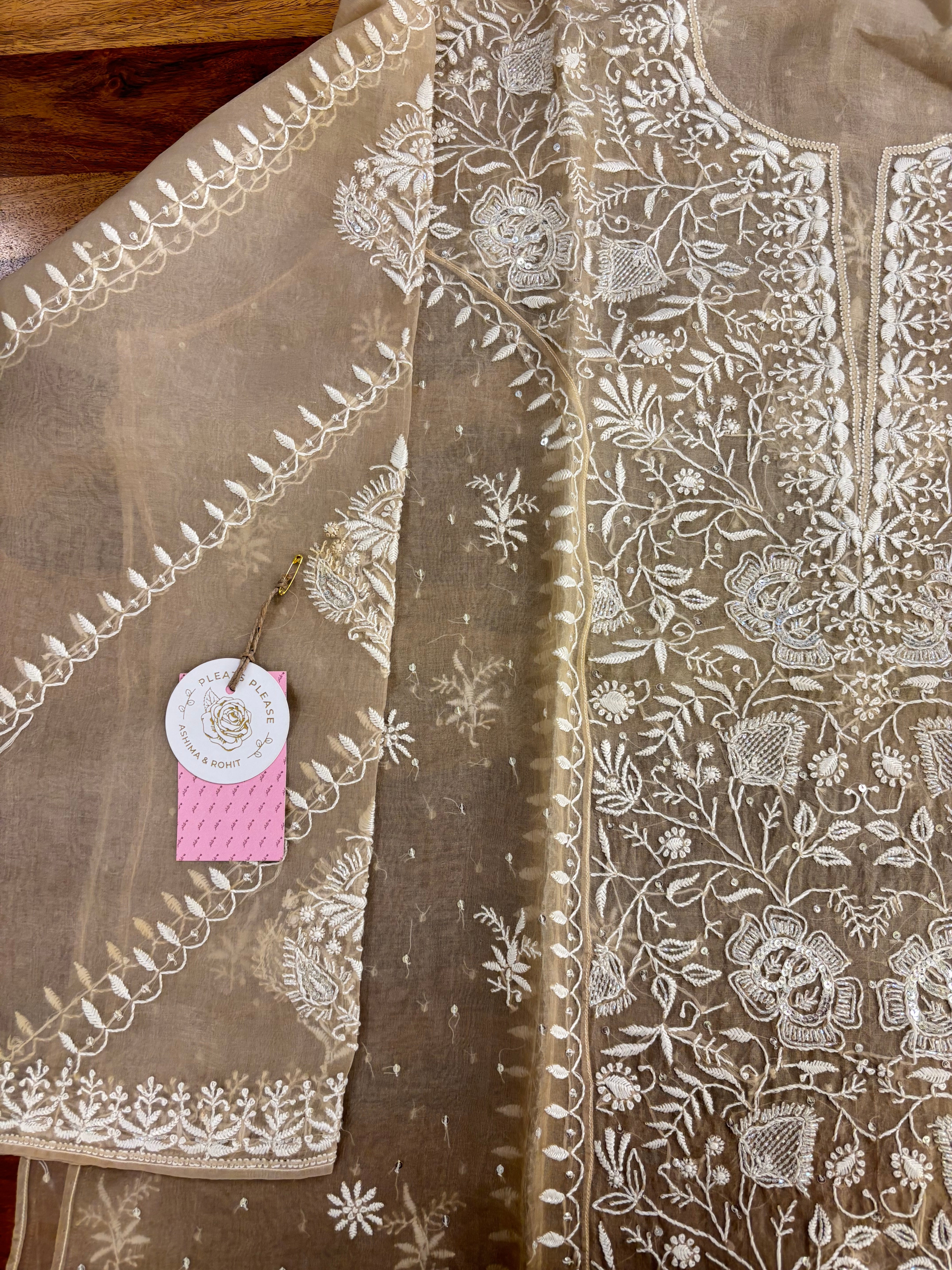 Brown Ombré Organza Silk Chikankari Kurta & Dupatta