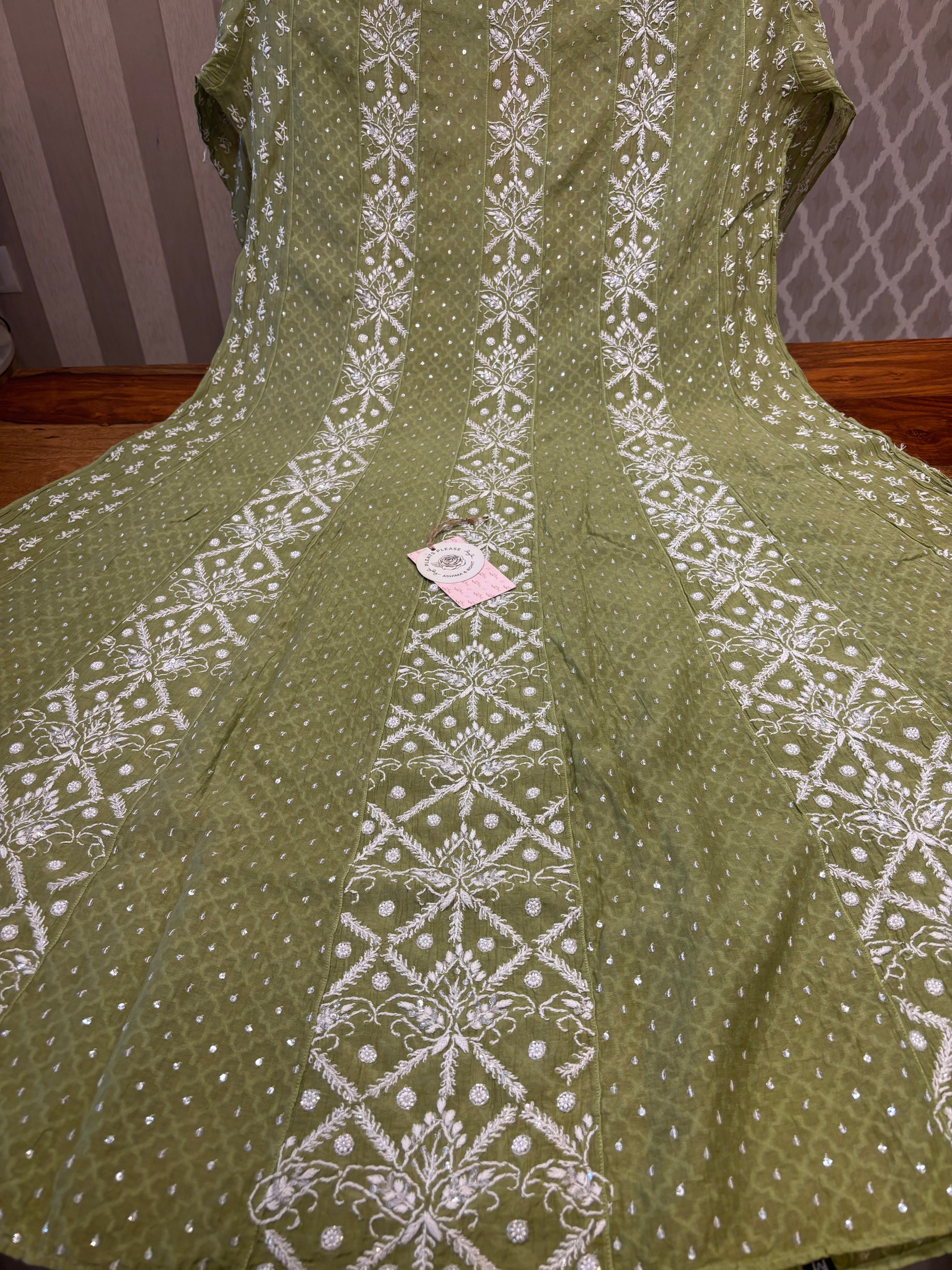 Olive Green Chanderi Mul Chikankari Anarkali and Dupatta