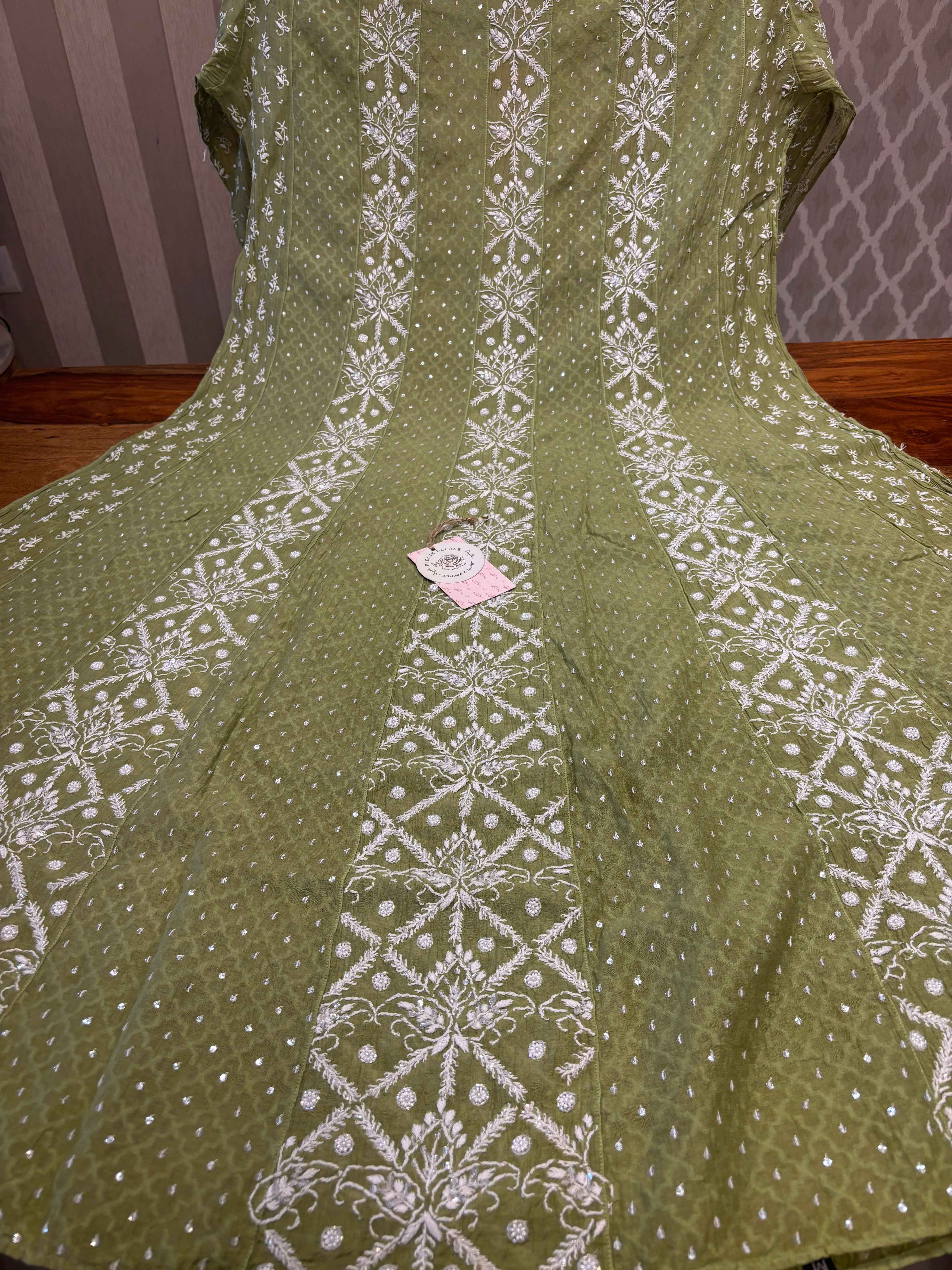 Olive Green Chanderi Mul Chikankari Anarkali and Dupatta - Pleats PleaseChikankari