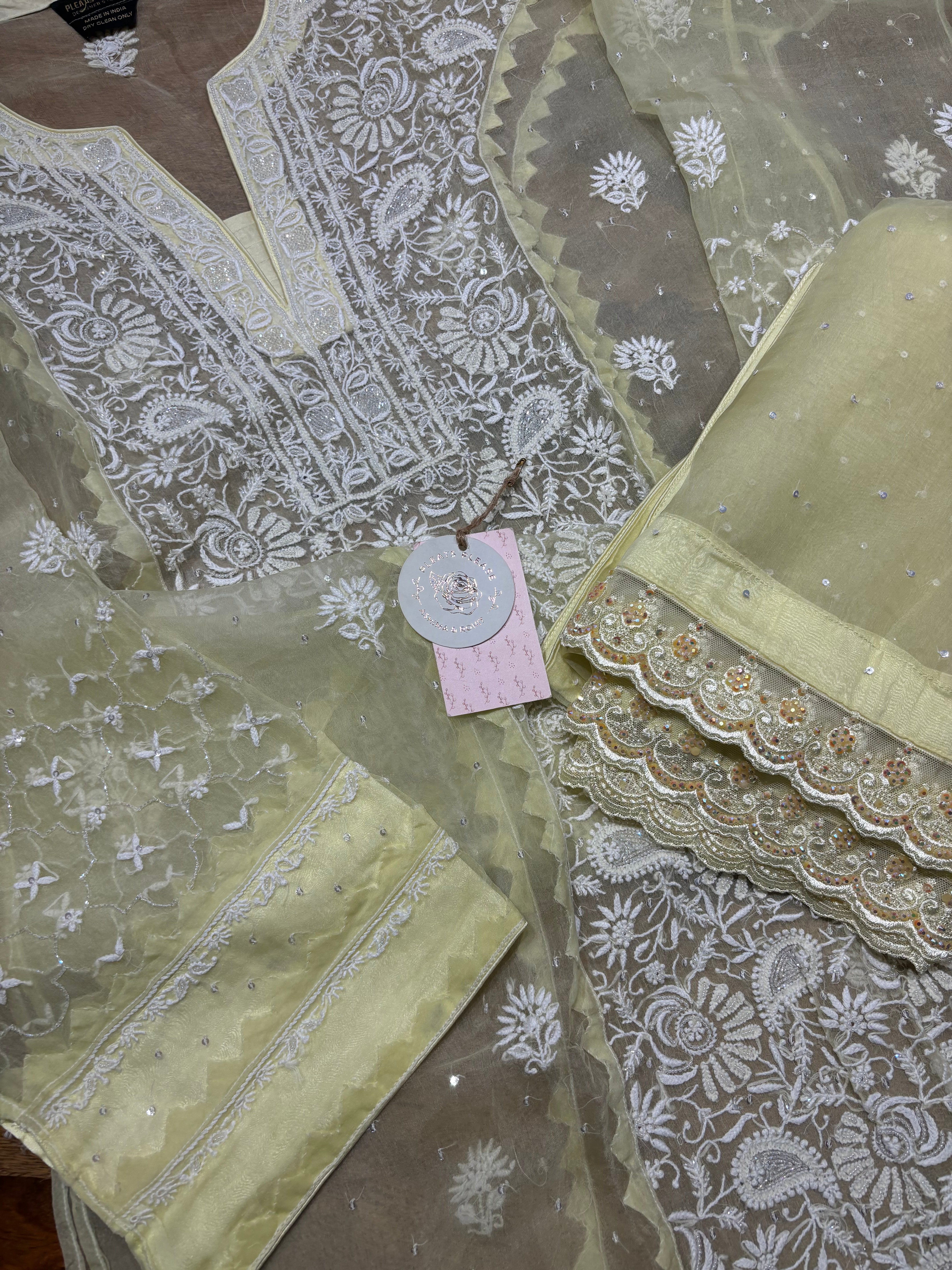 Lime Yellow Pure And Premium Organza Silk Chikankari Kurta And Dupatta Set
