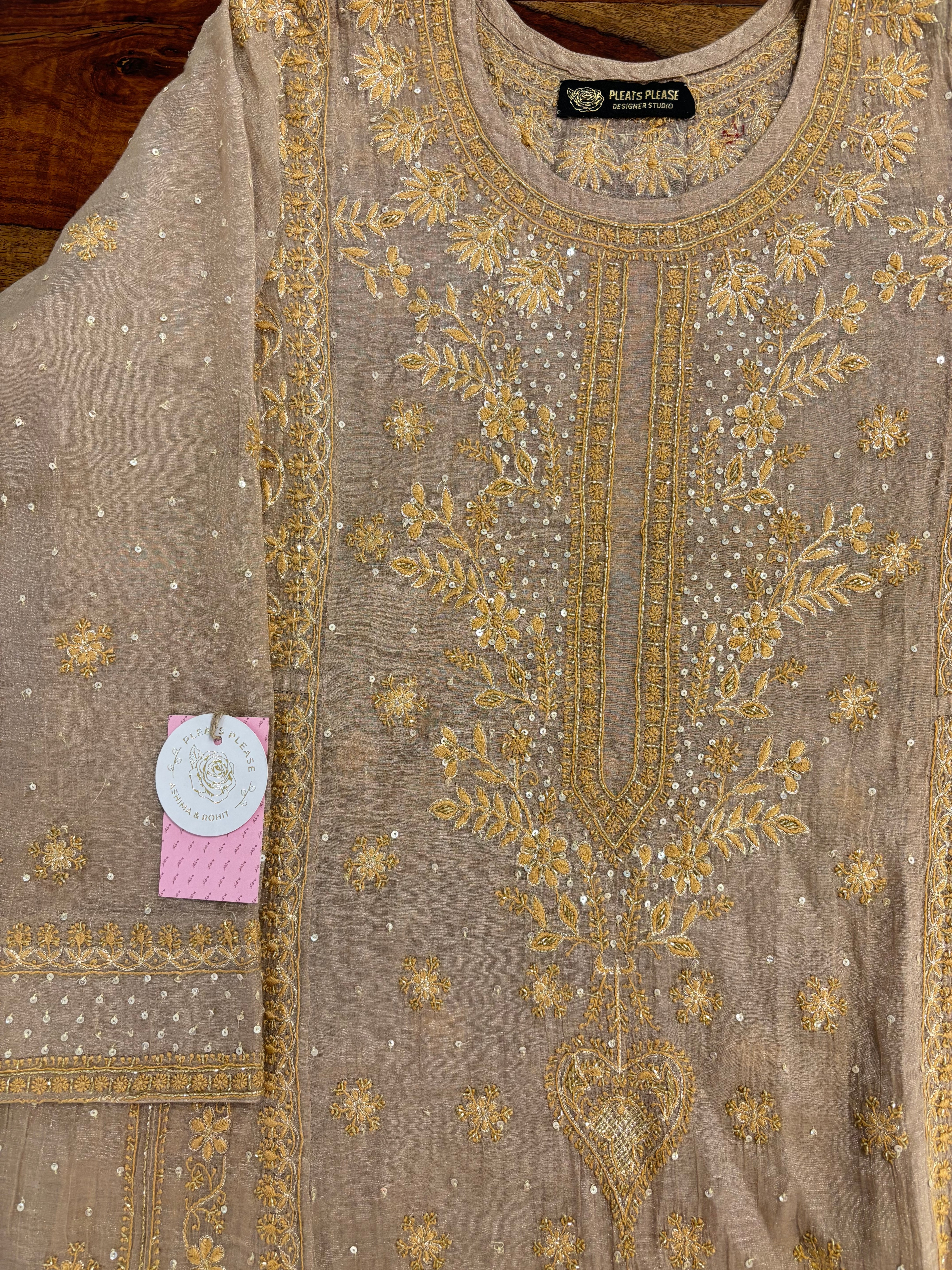 Rosewood Taupe Pure & Premium Tissue Chikankari A line Anarkali & Dupatta