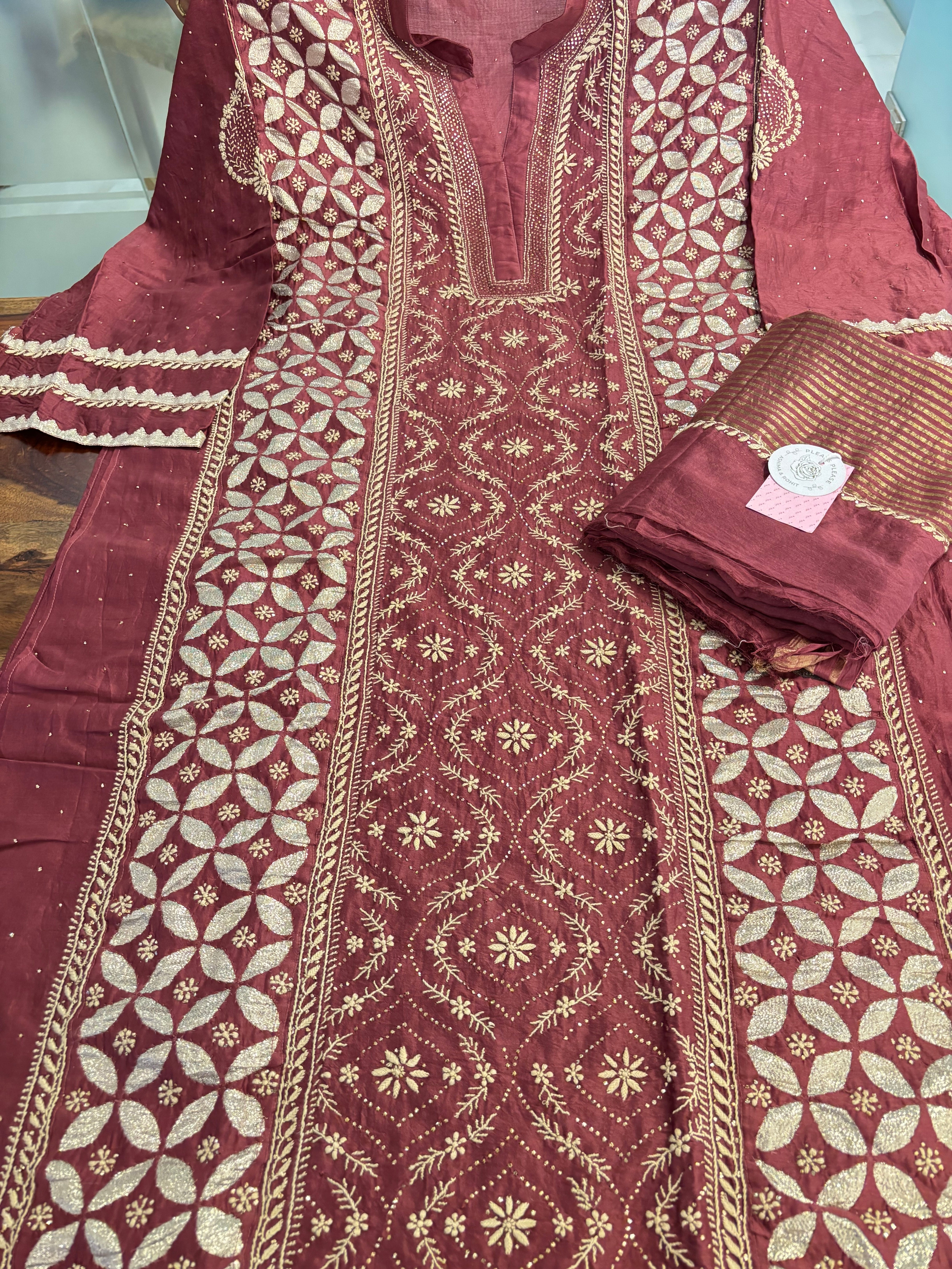 Maroon Chanderi Chikankari Mukaish Kurta & Dupatta