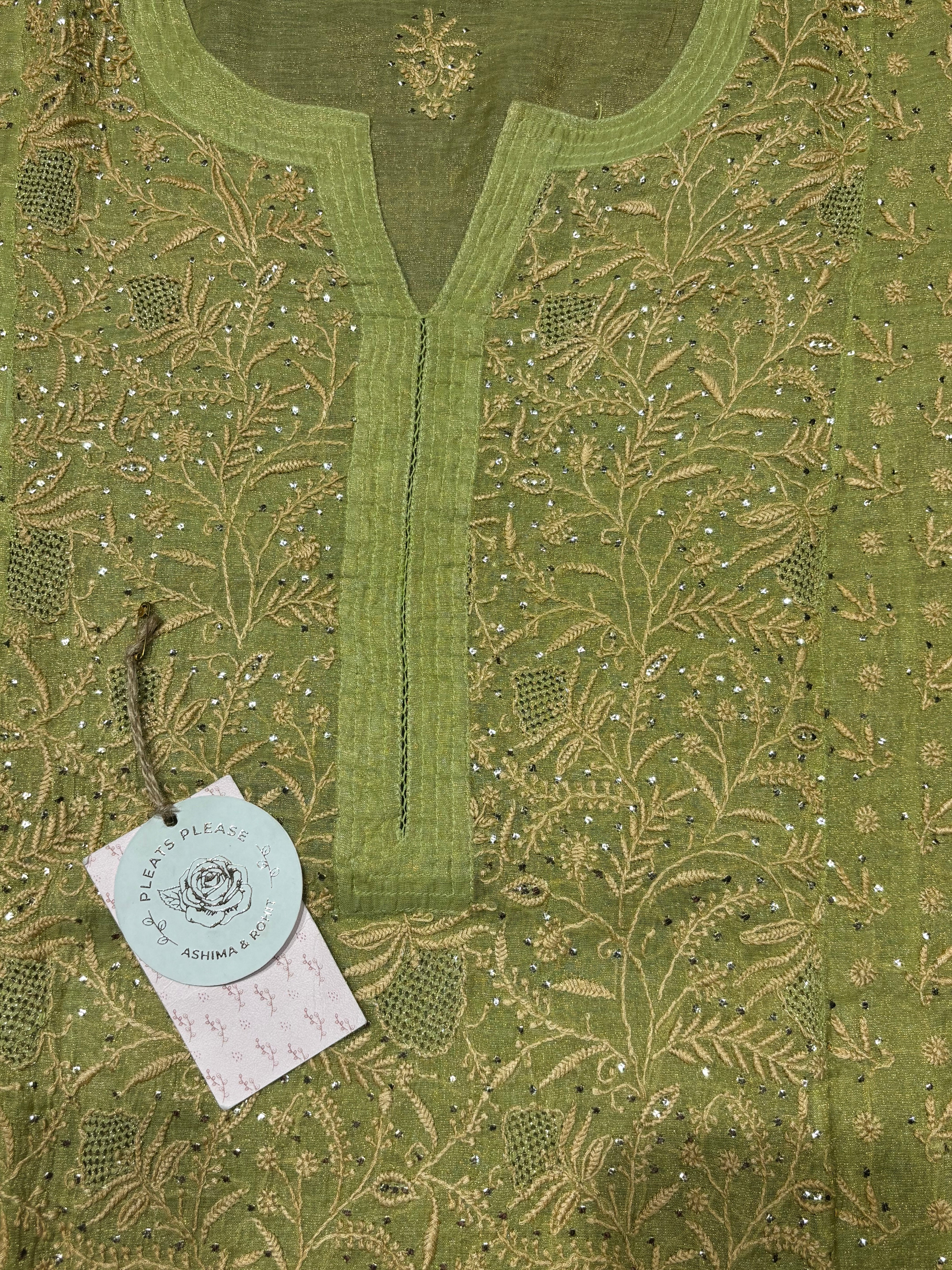Green Pure And Premium Tissue Chikankari Kurta And Dupatta Set