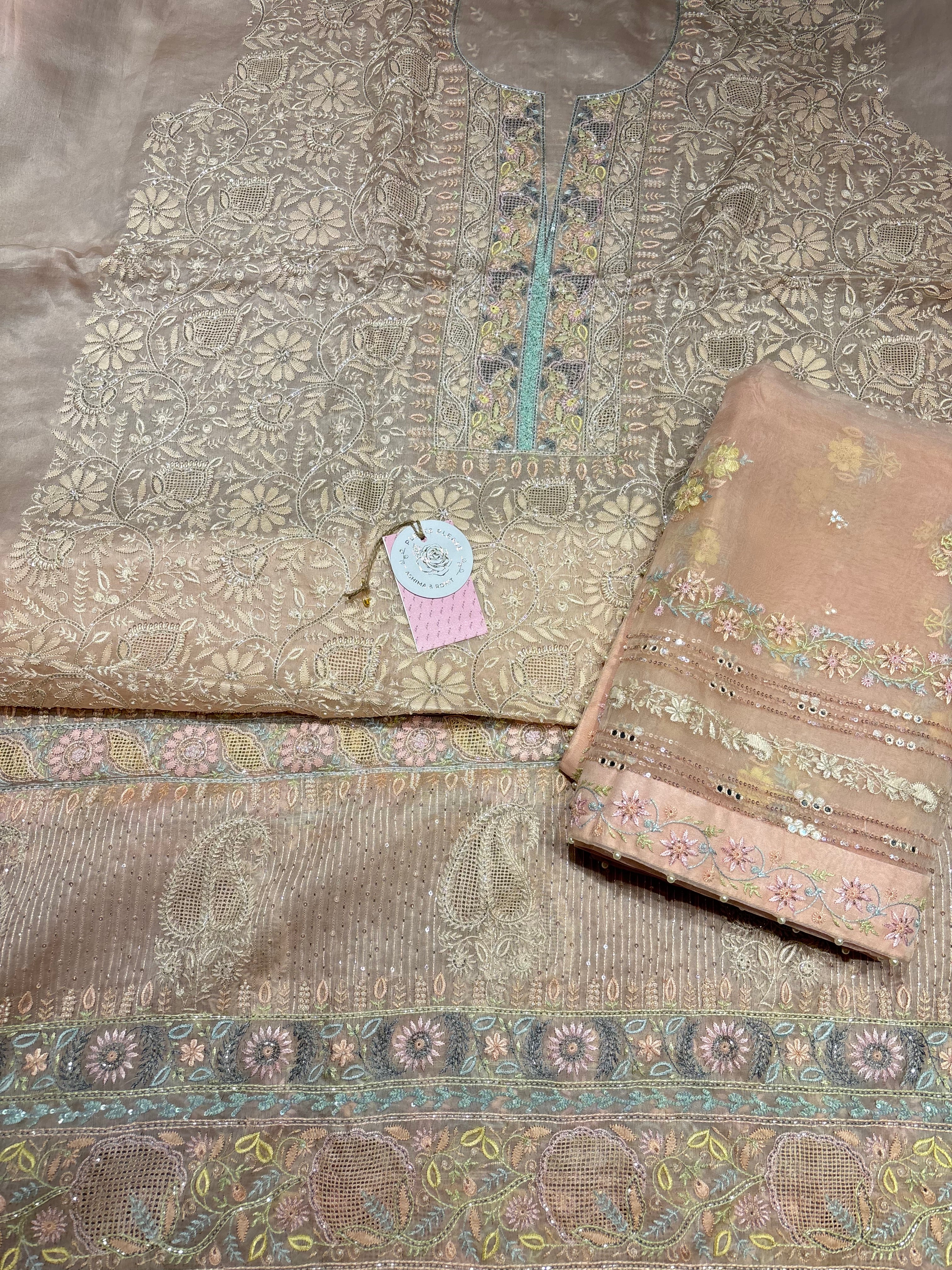 Peach Pure & Premium Organza Silk Chikankari Kurta & Dupatta Fabric