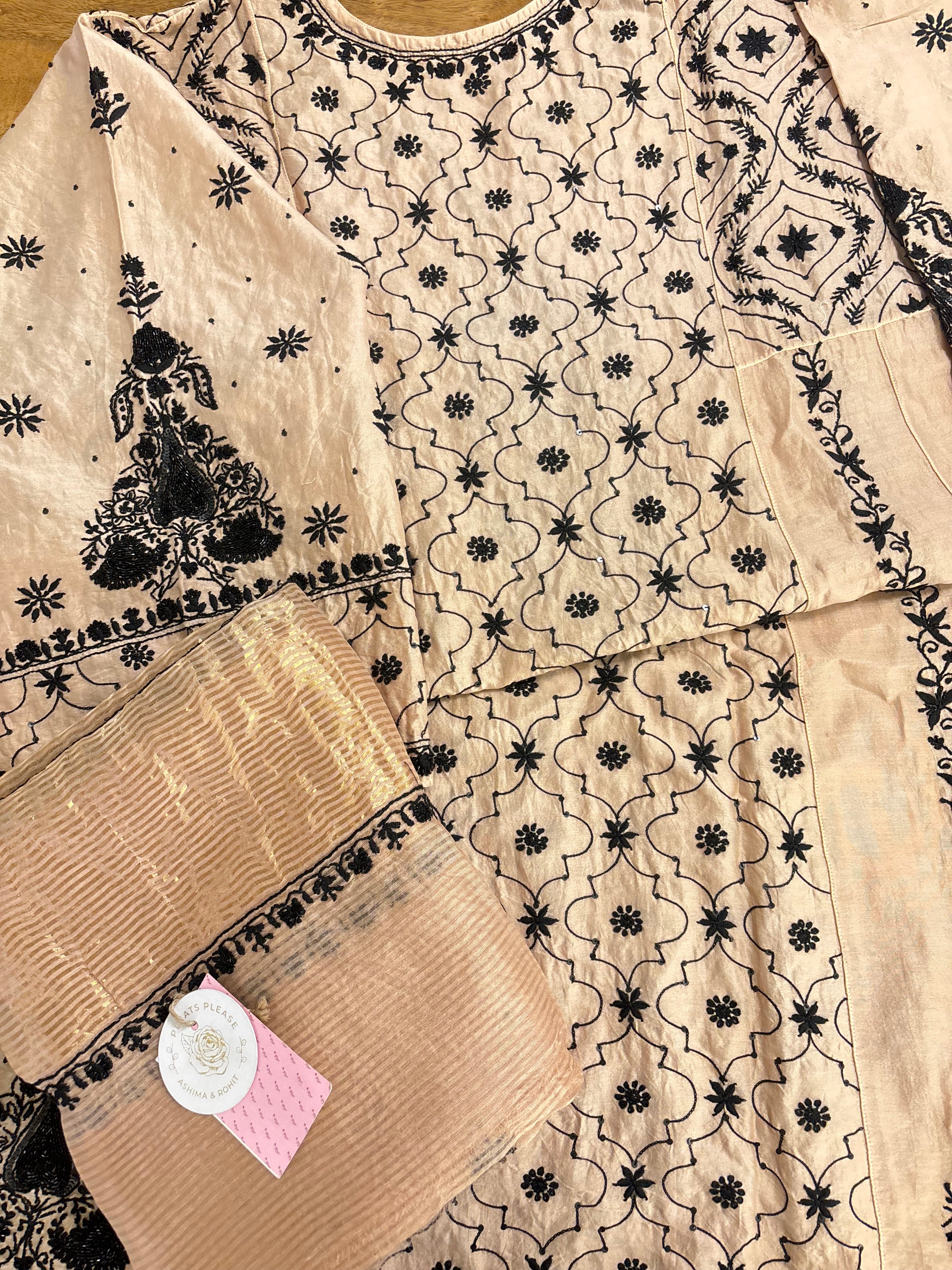 Blush Cream Chanderi Chikankari Anarkali & Dupatta Set