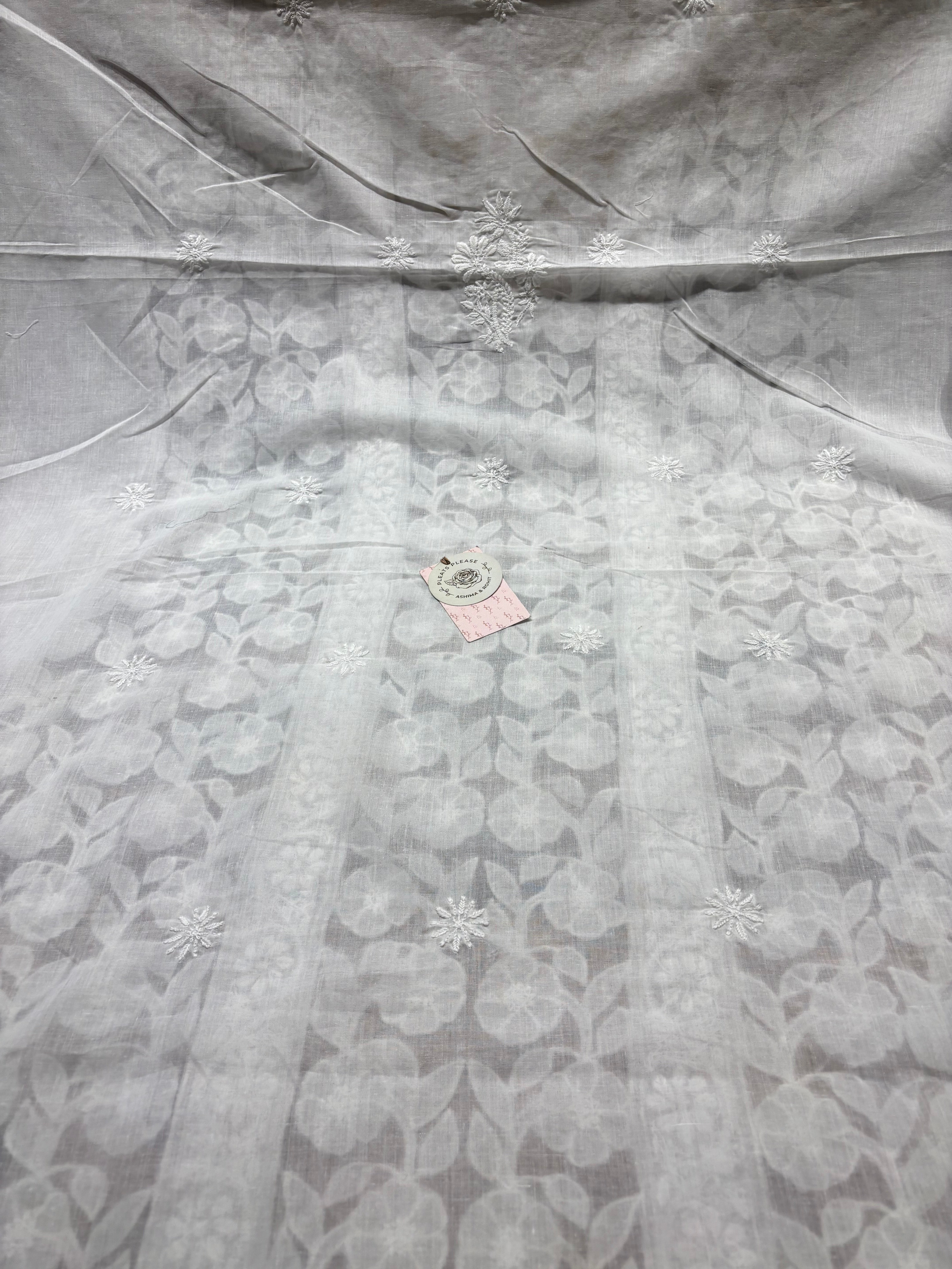 White Mulmul Soft Net Chikankari Applique Kurta And Dupatta Fabric