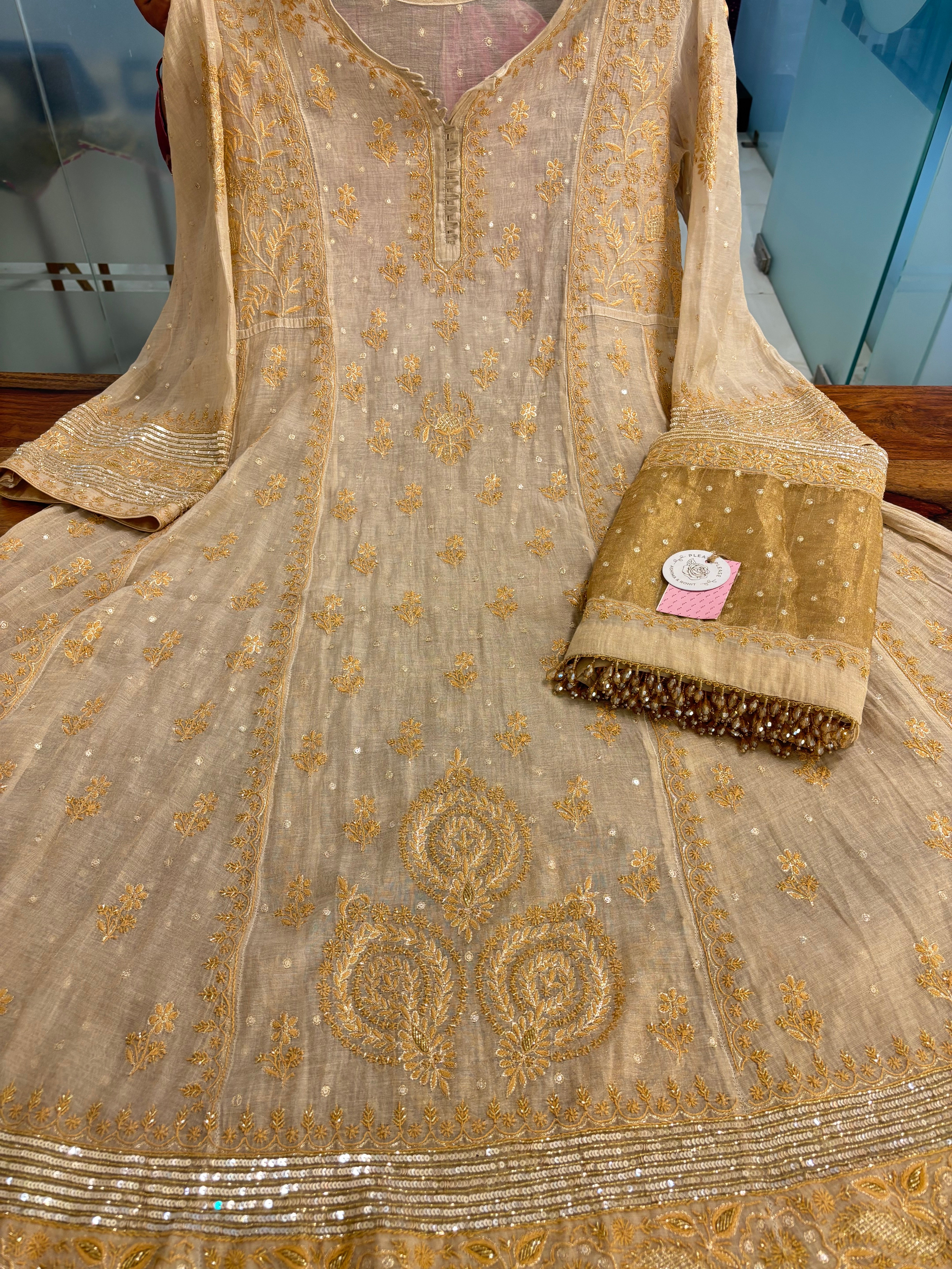Dyeable Golden Pure & Premium Tissue Chikankari Anarkali and Dupatta
