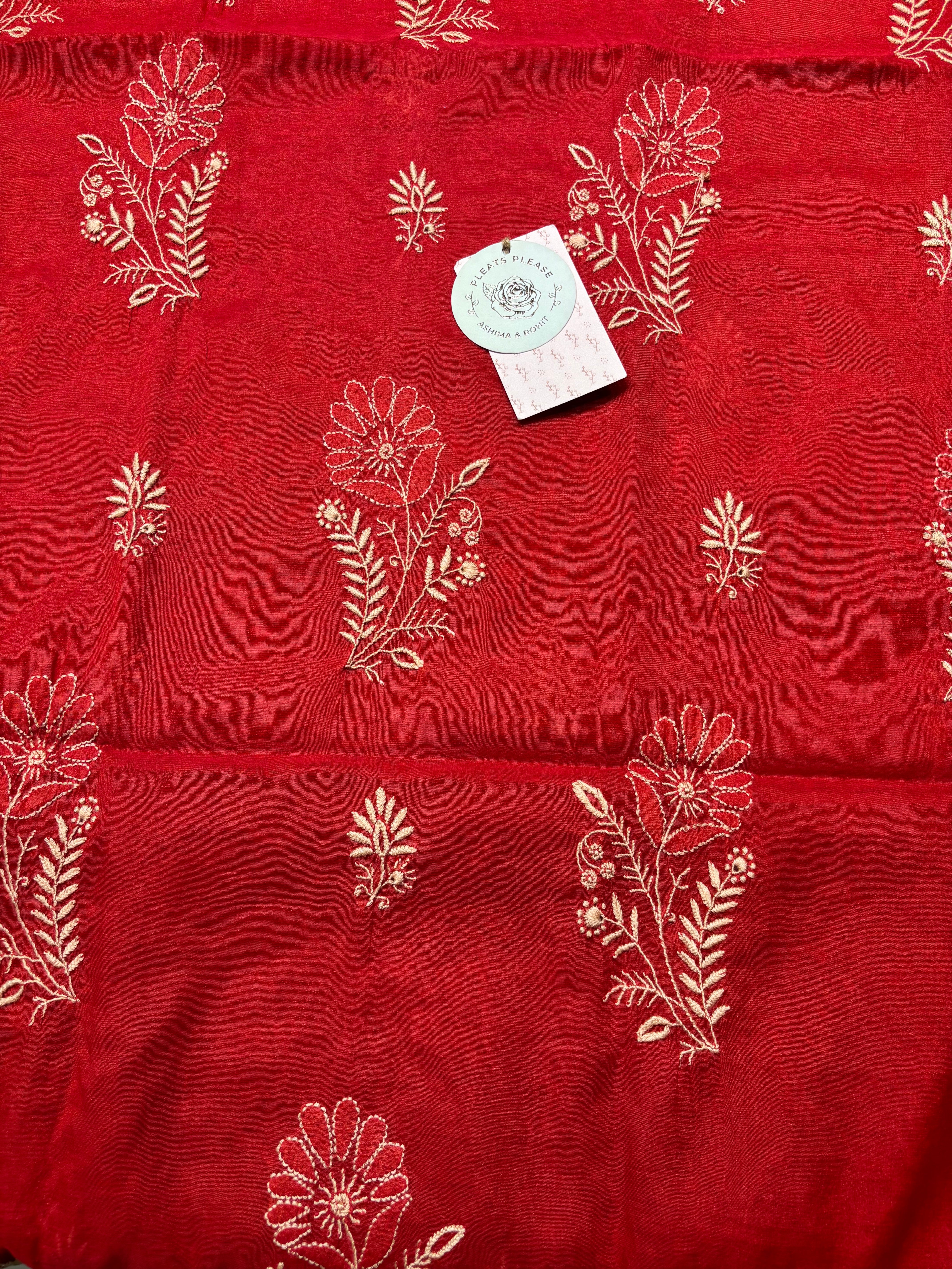 Red Chanderi Silk Chikankari Kurta And Dupatta Set