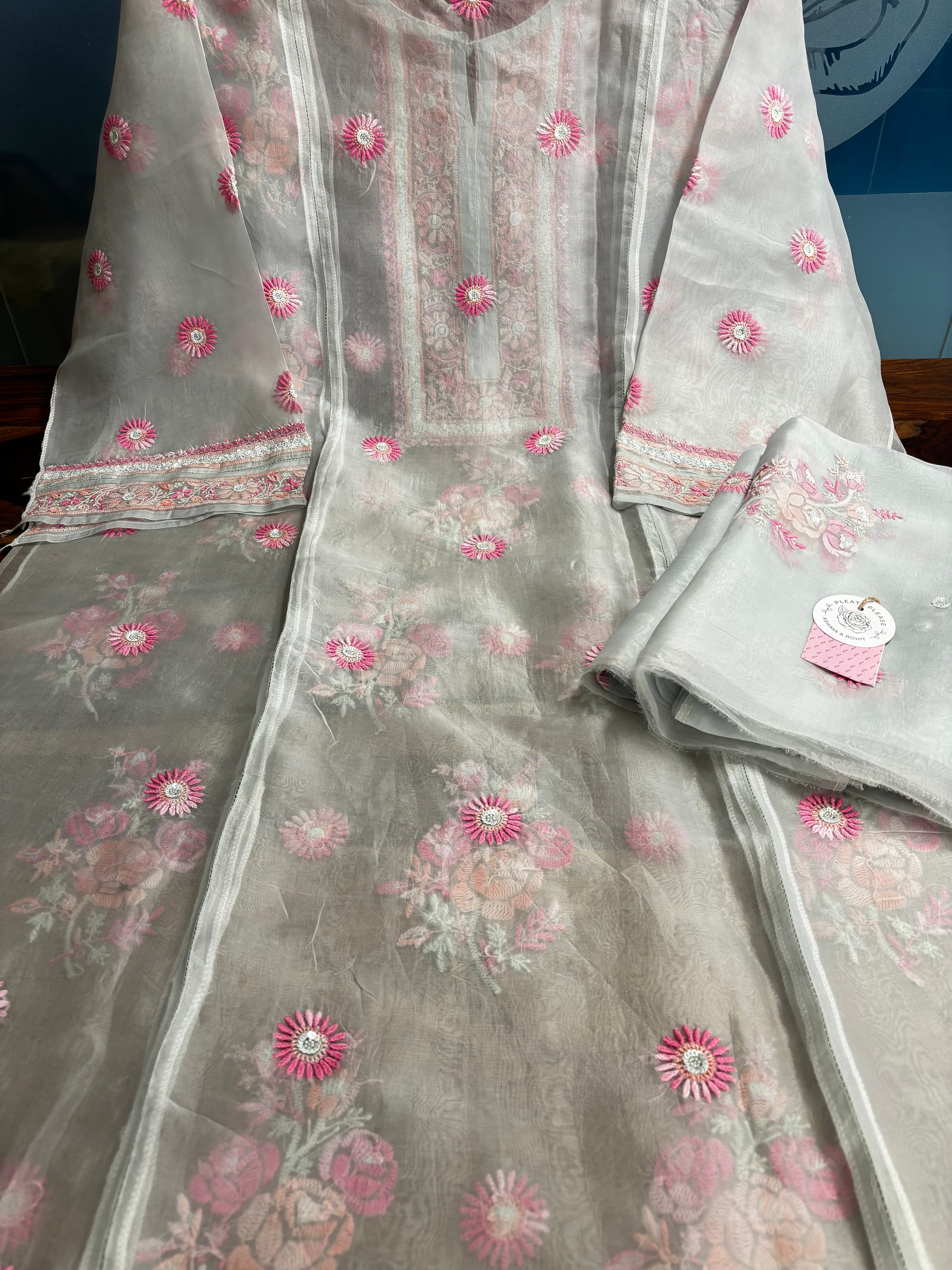 Mint Green Pure Organza Chikankari Kurta & Dupatta - Pleats PleaseChikankari