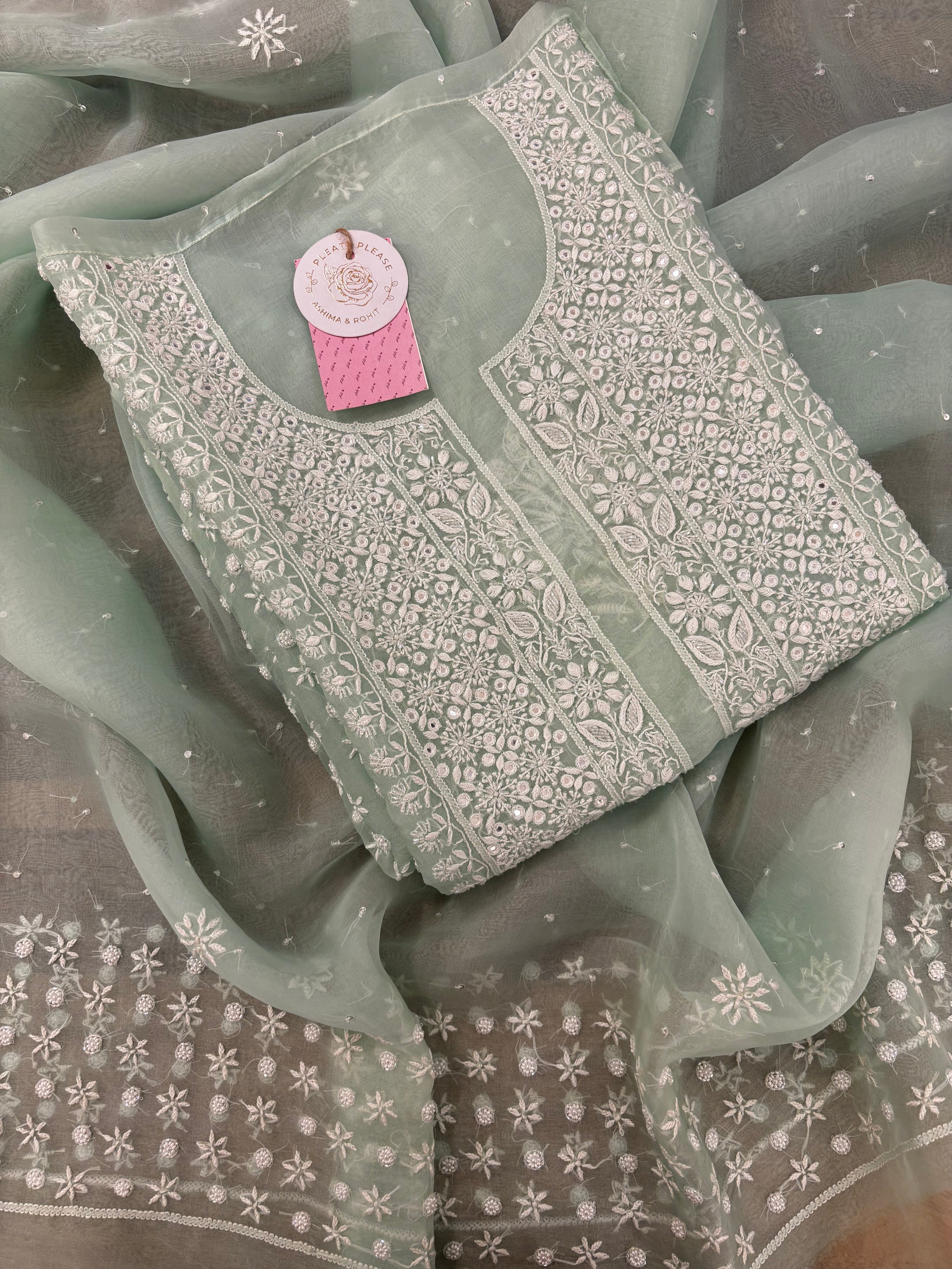Mint Green Pure Organza Chikankari Kurta & Dupatta