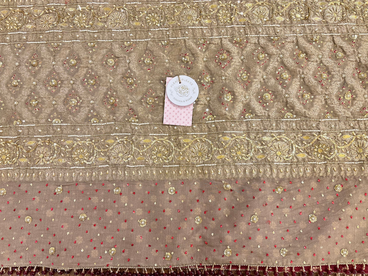 Muddy Gold Pure Georgette Bandhej Centre Boota Zardozi Dupatta