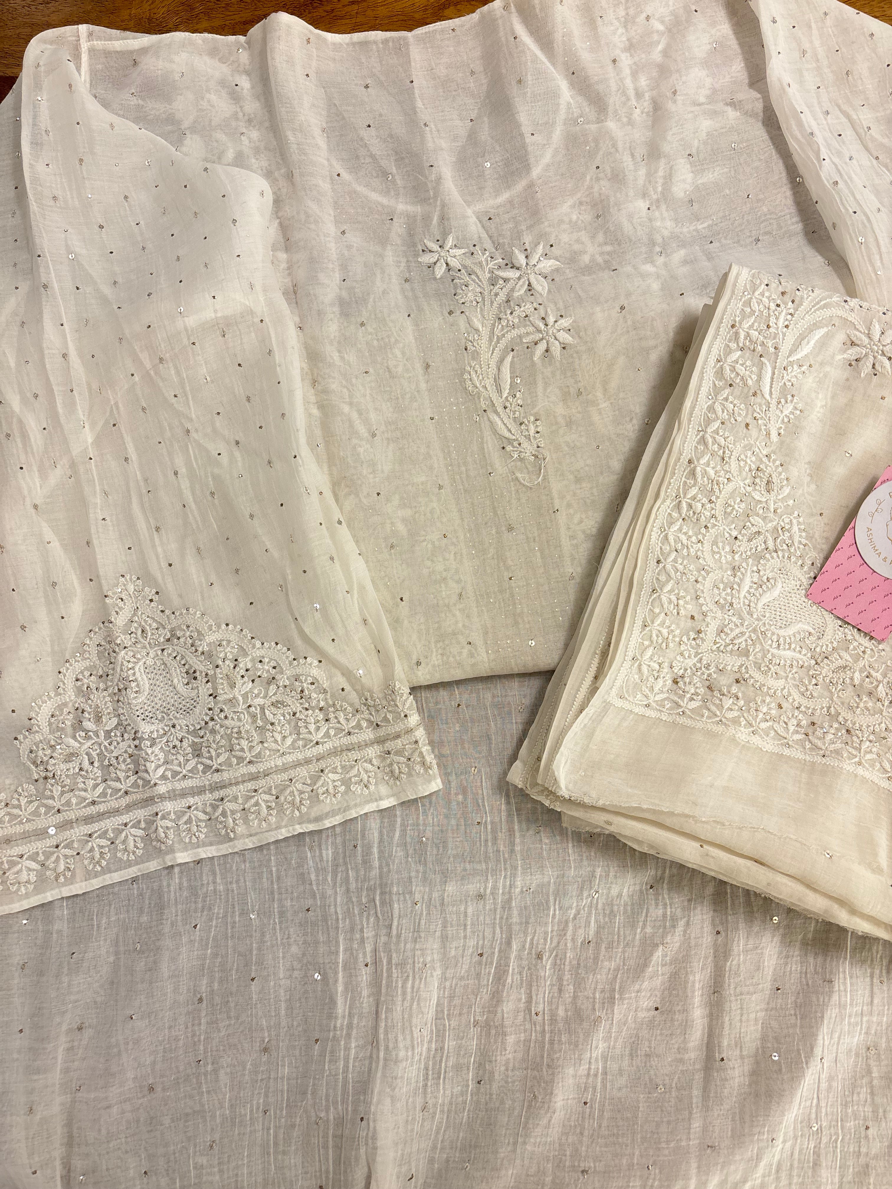 Dyeable Chanderi Mul Mukaish Chikankari Kurta & Dupatta