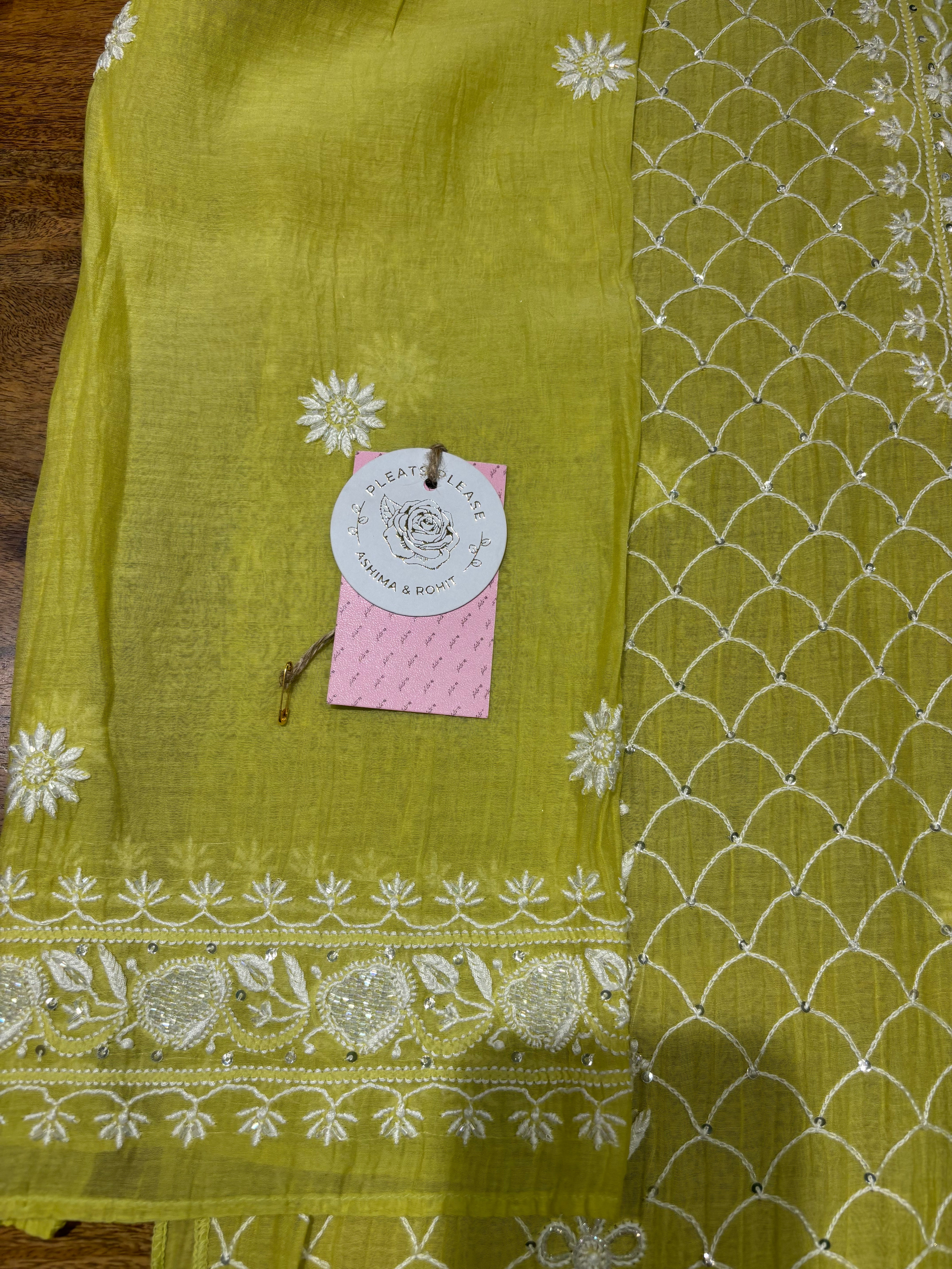 Neon Green Chanderi Mul Chikankari Kurta & Dupatta Set