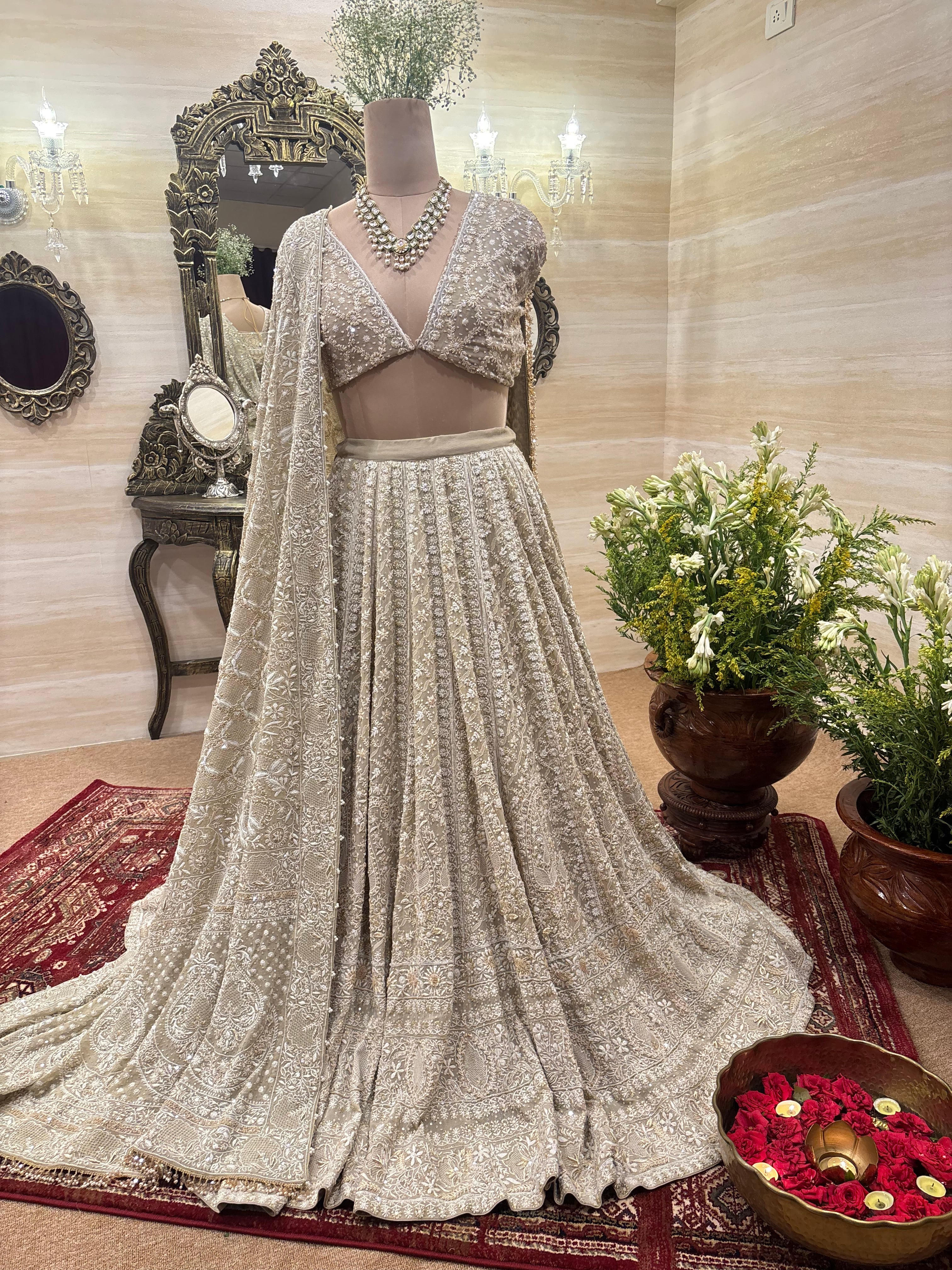 Brown Pure & Premium Georgette Chikankari Lehenga Set
