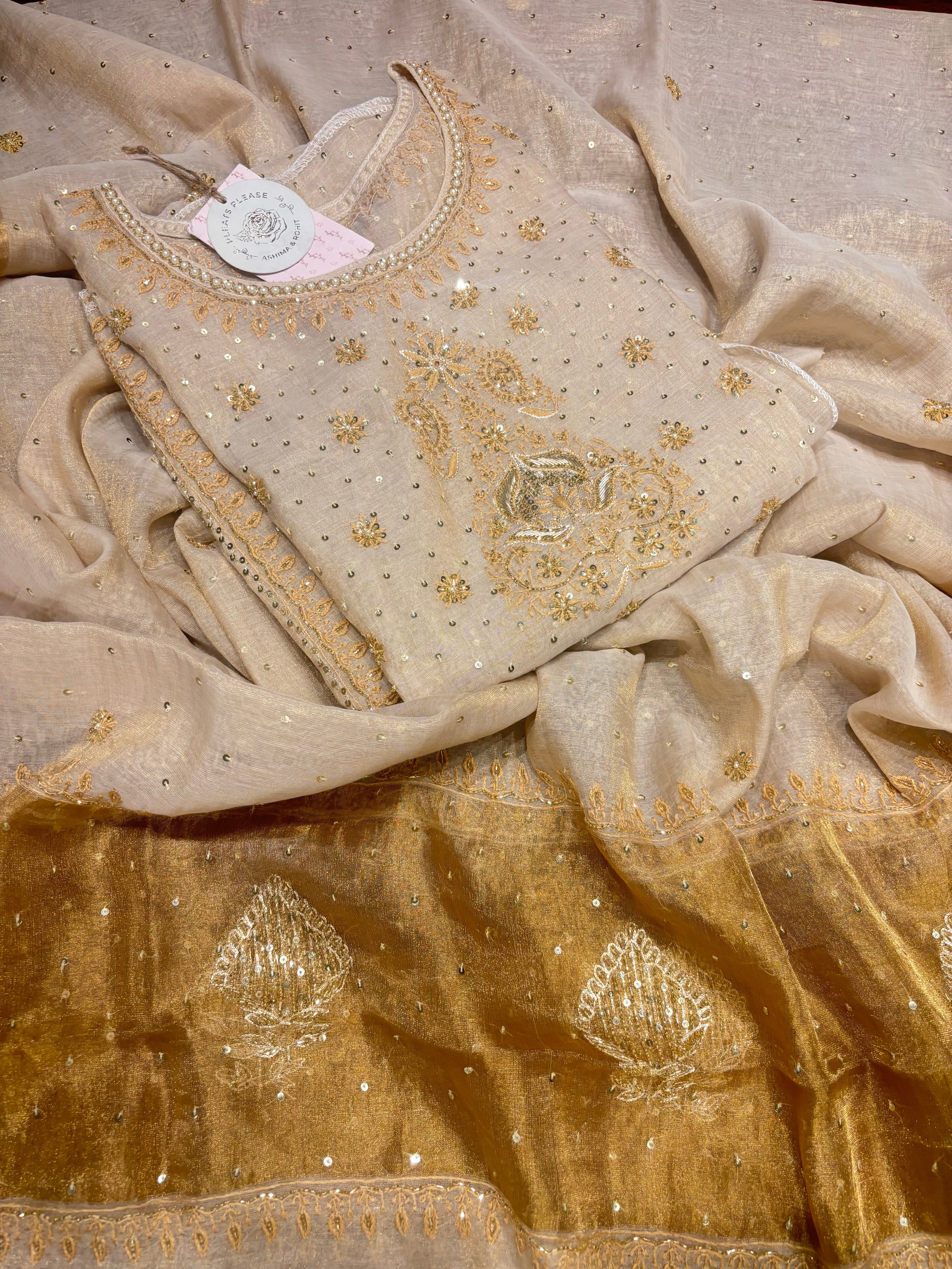 Dyeable Pure Gold Tissue Chikankari A-line Anarkali and Dupatta