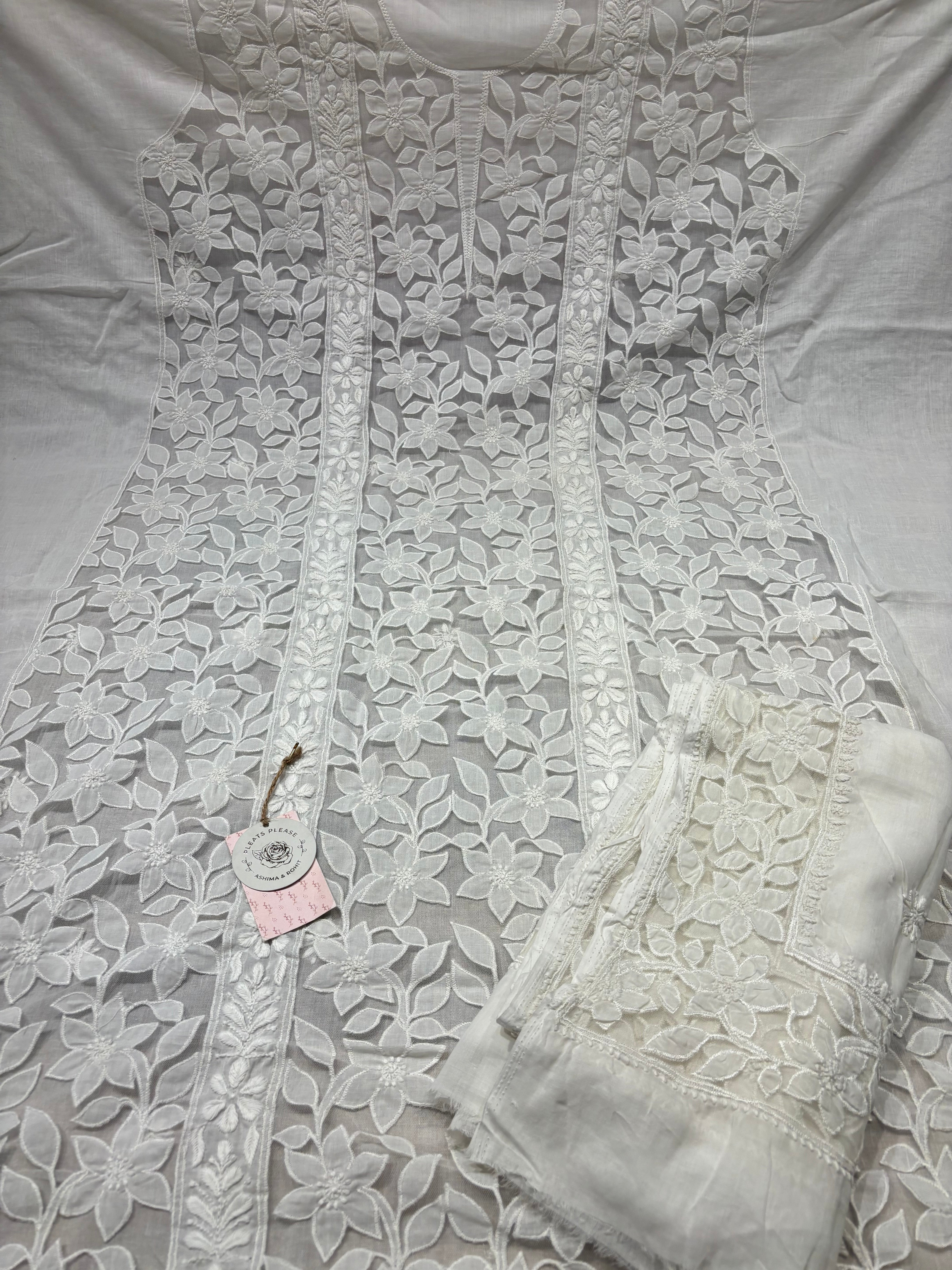 White Mulmul Soft Net Chikankari Applique Kurta And Dupatta Fabric