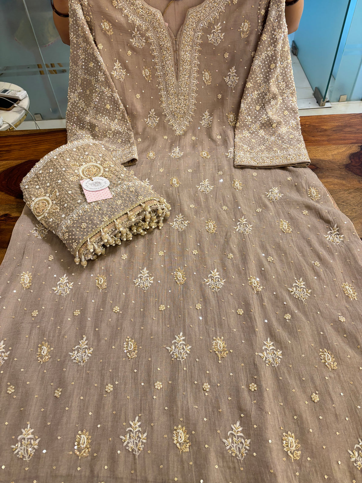 Taupe-Brown Pure & Premium Tissue Chikankari Kurta & Dupatta