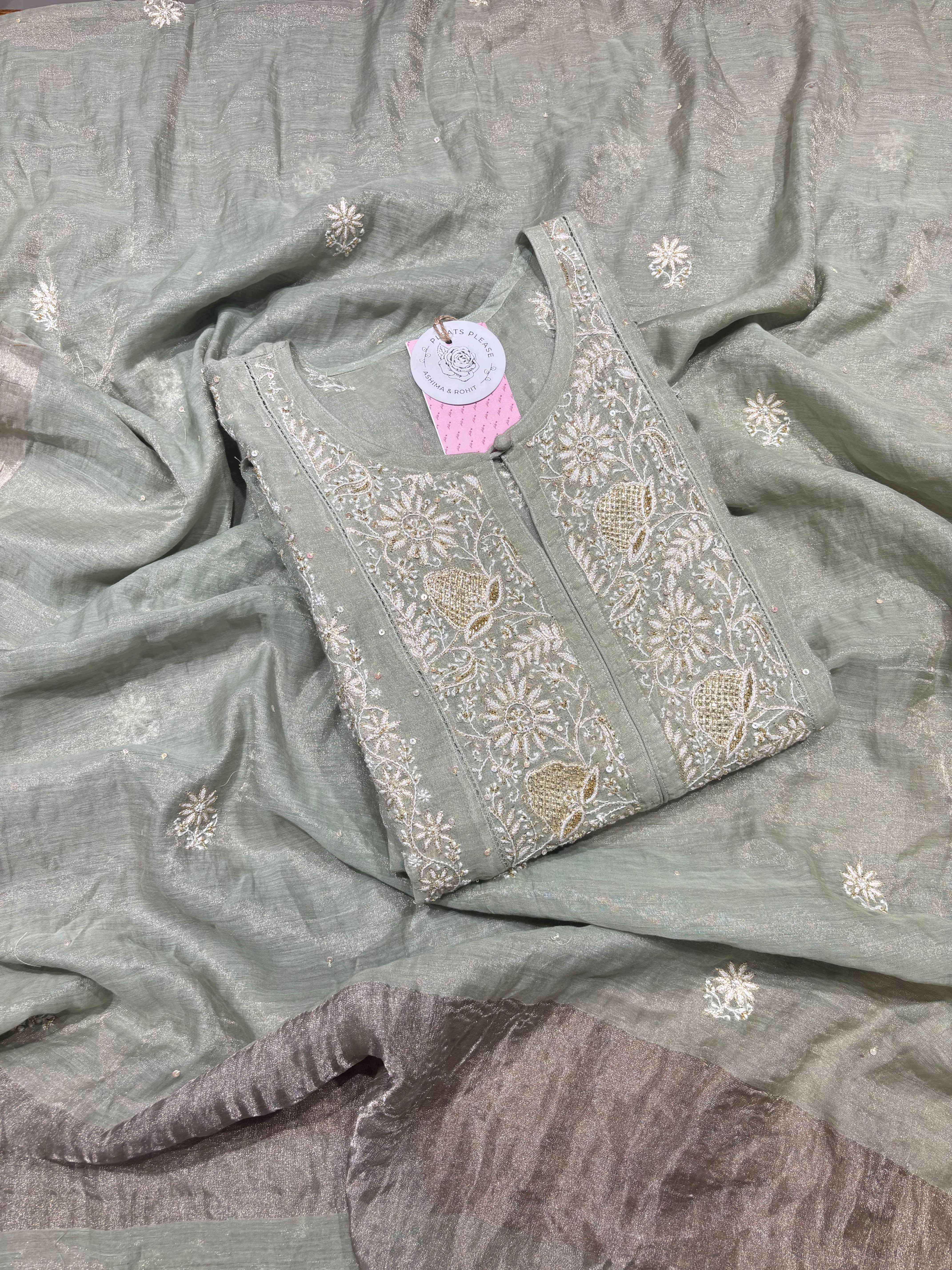 Sage Green Pure & Premium Tissue Chikankari Kalidar Kurta & Dupatta Set