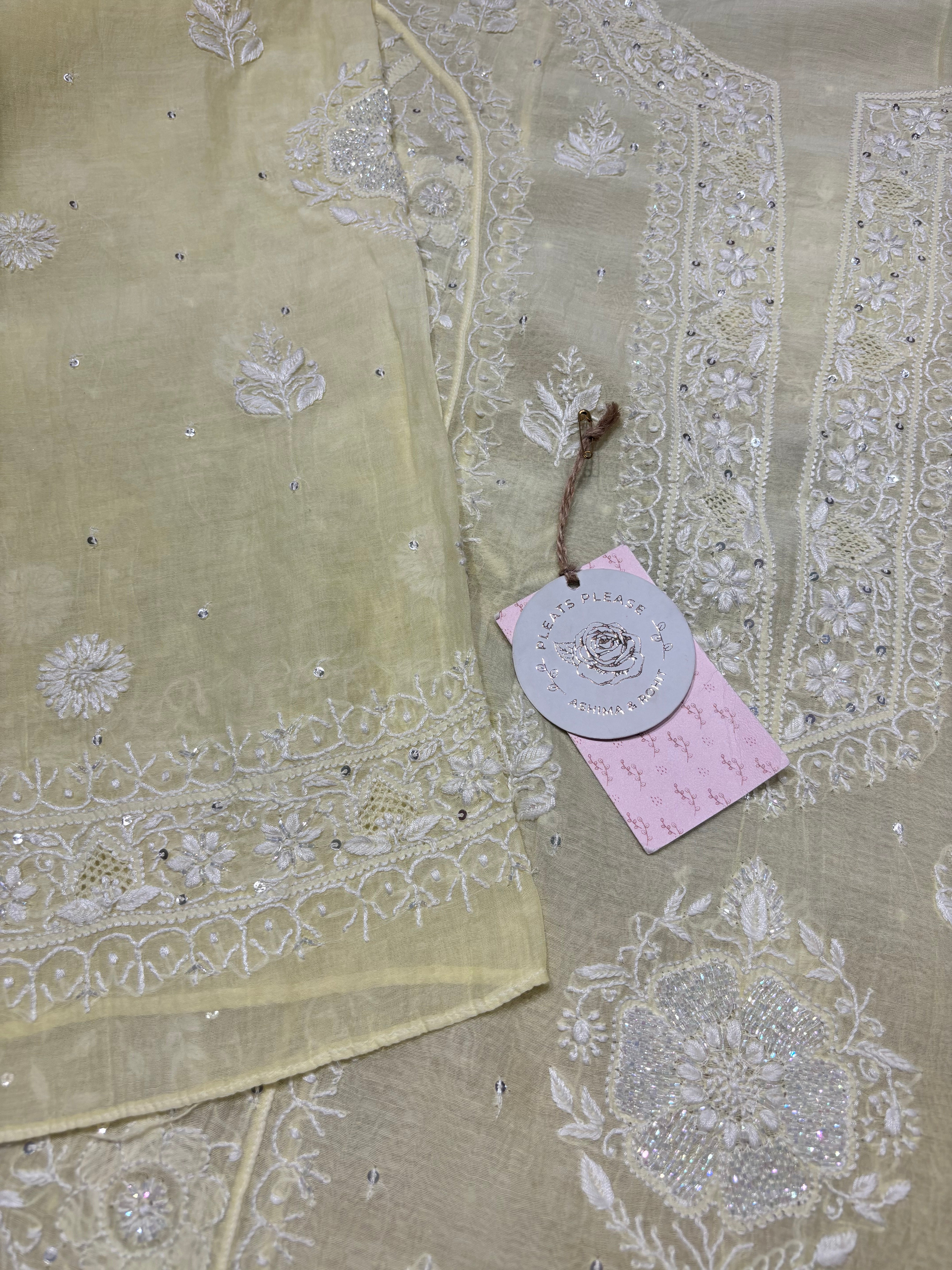 Lime Yellow Chanderi Mul Chikankari Kurta and Dupatta set