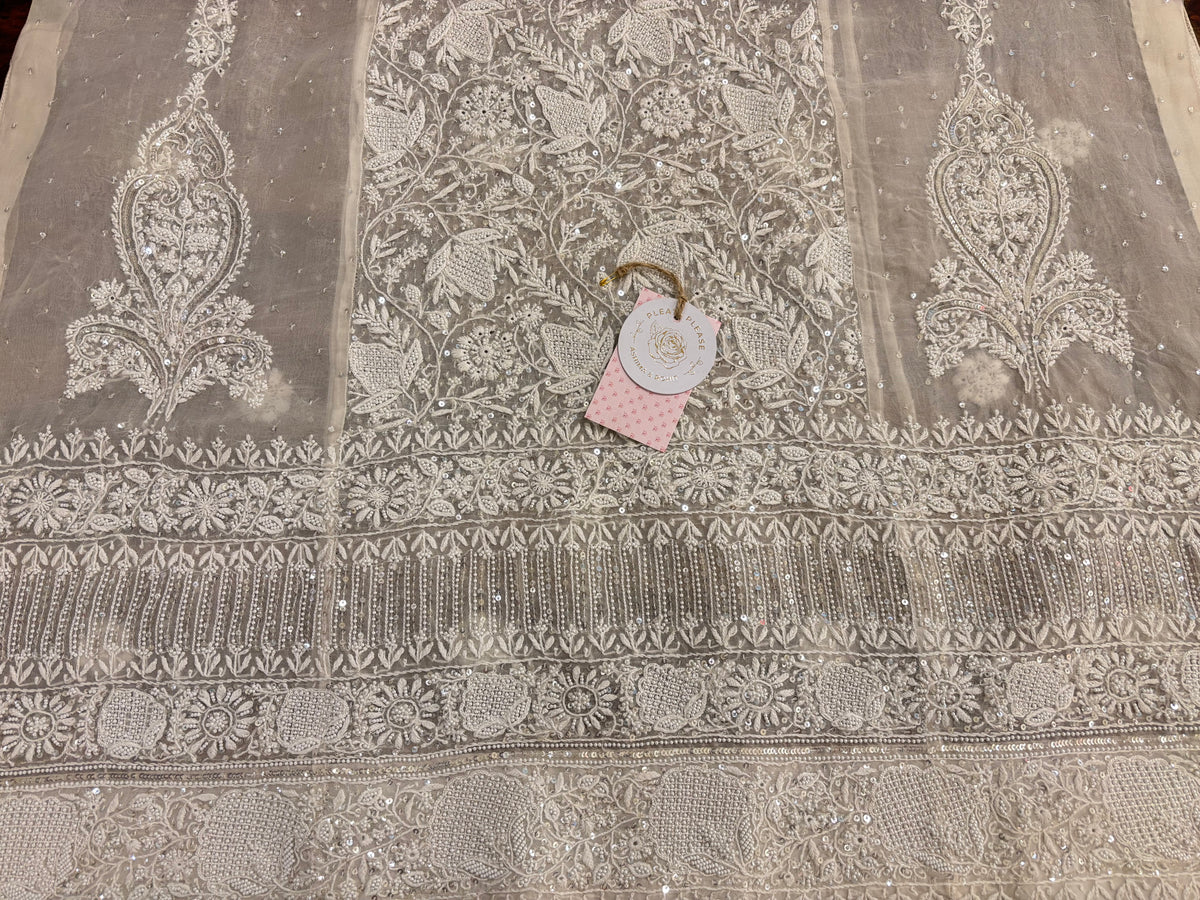 Dyeable Pure Organza Chikankari Kurta, Dupatta With Bottom