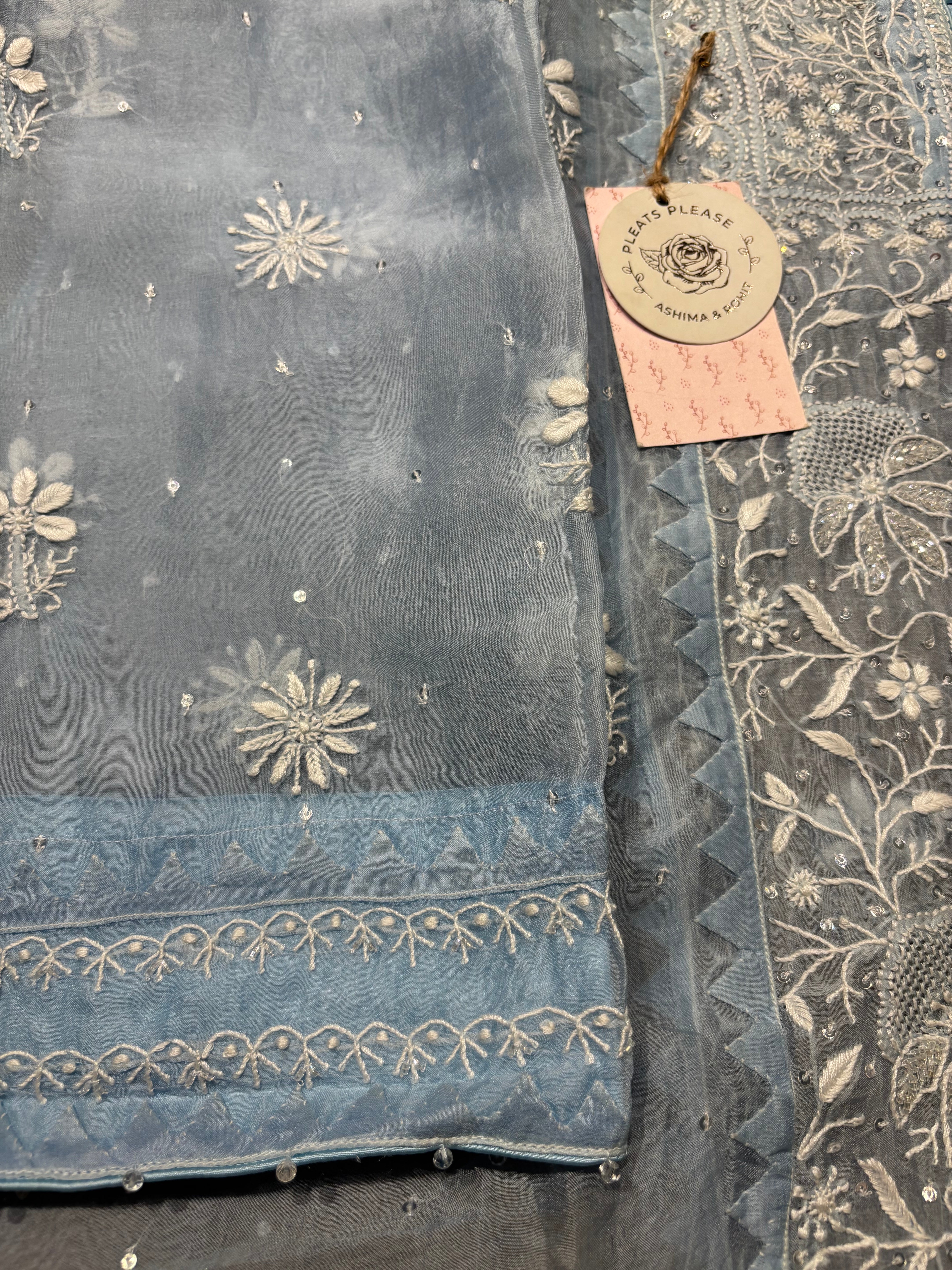 Blue Pure And Premium Organza Silk Chikankari Kurta And Dupatta Set