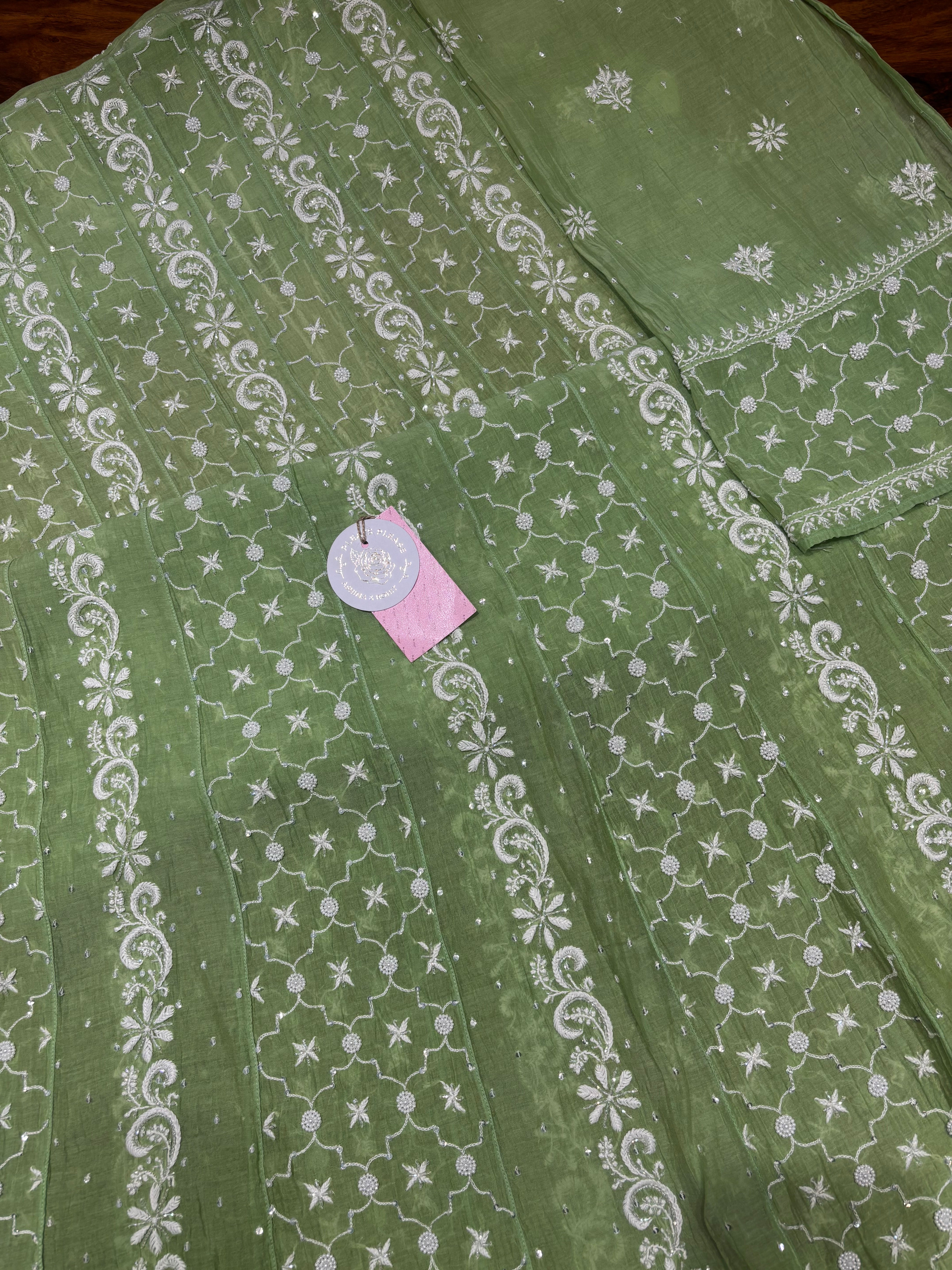 Mint Green Chanderi Mul Chikankari Anarkali & Dupatta Set