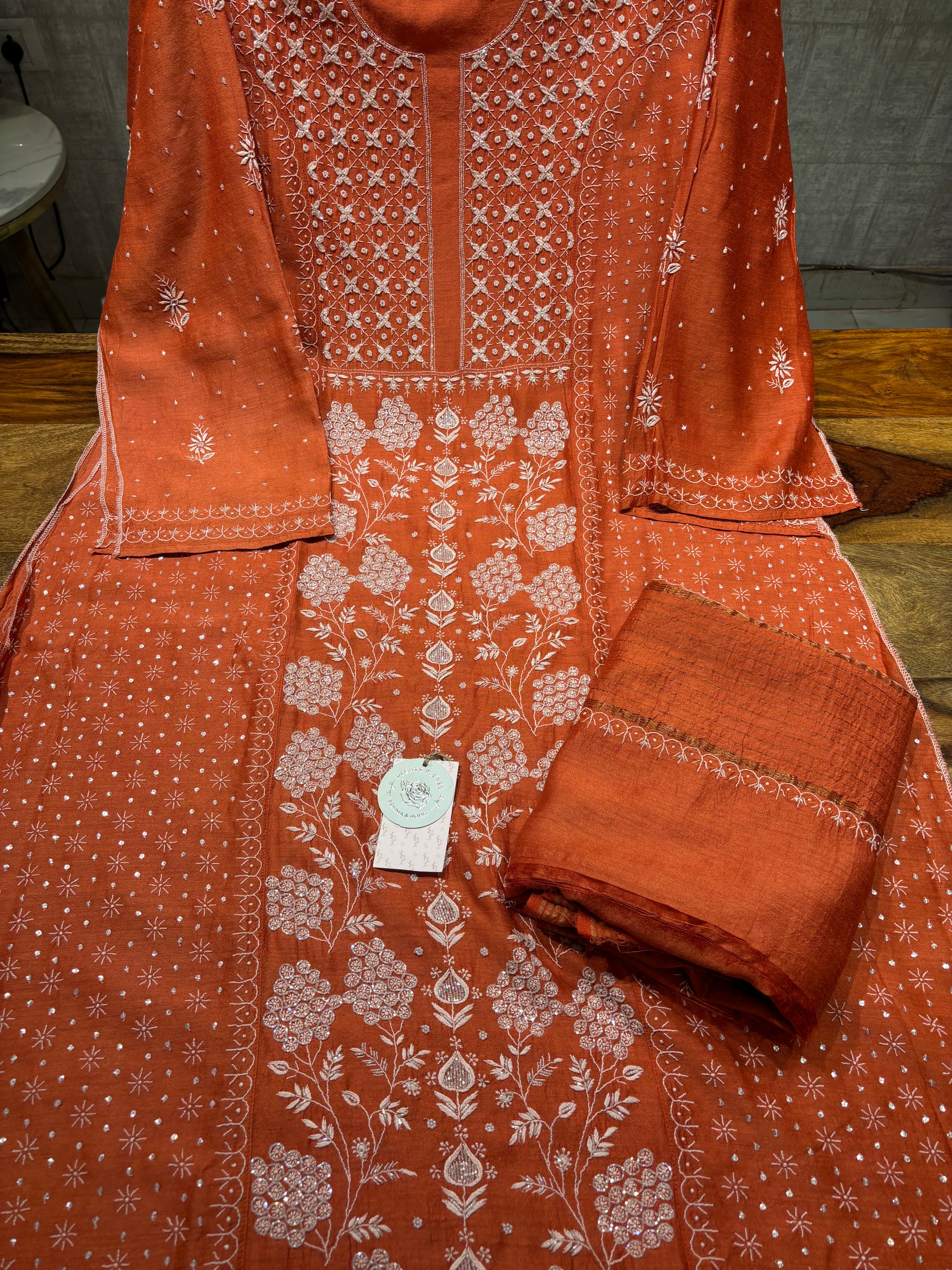 Outrageous Orange Monga silk Chikankari Kurta and Dupatta set