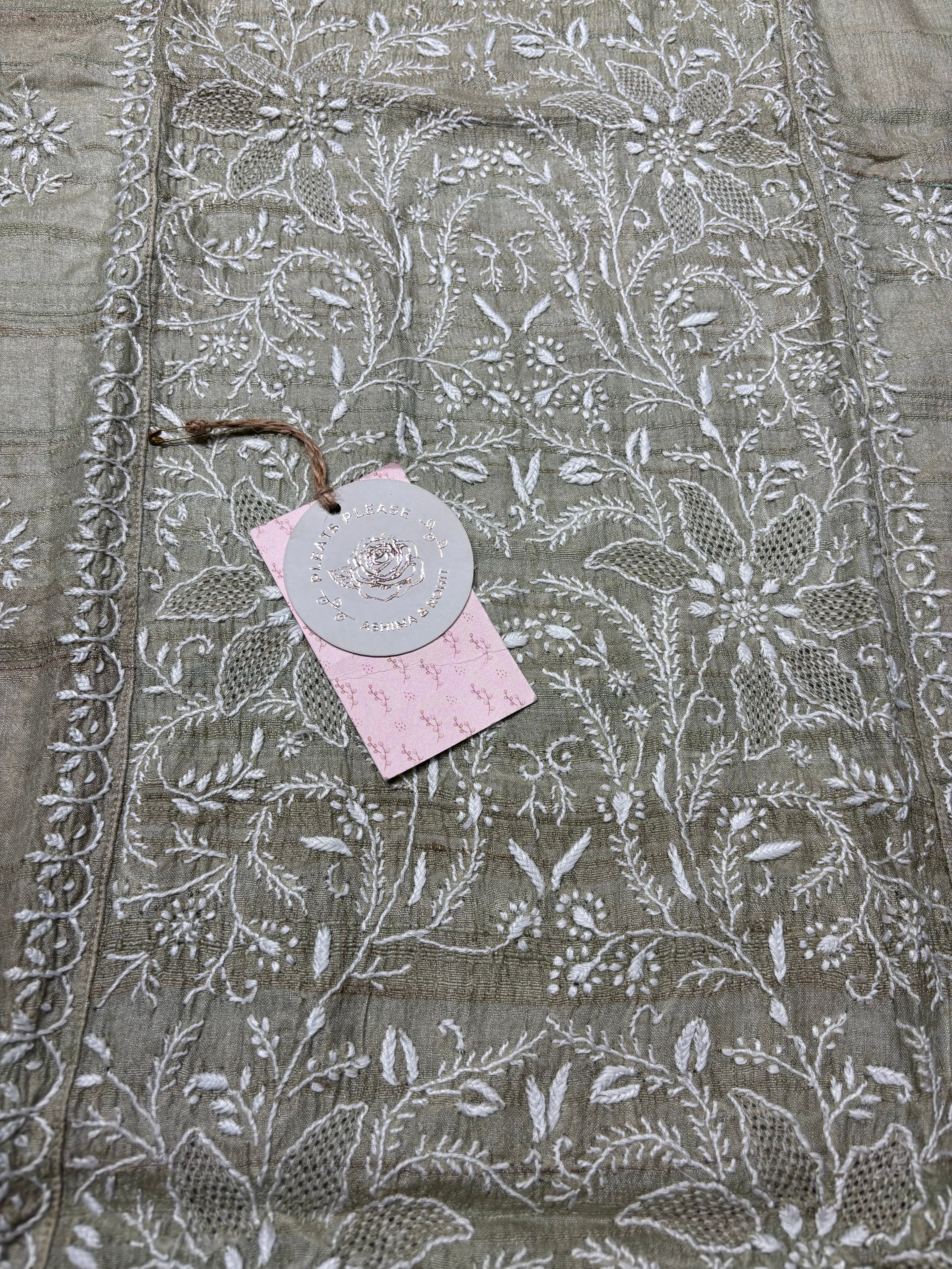 Sage Green Tussar silk Chikankari Kurta and Dupatta set