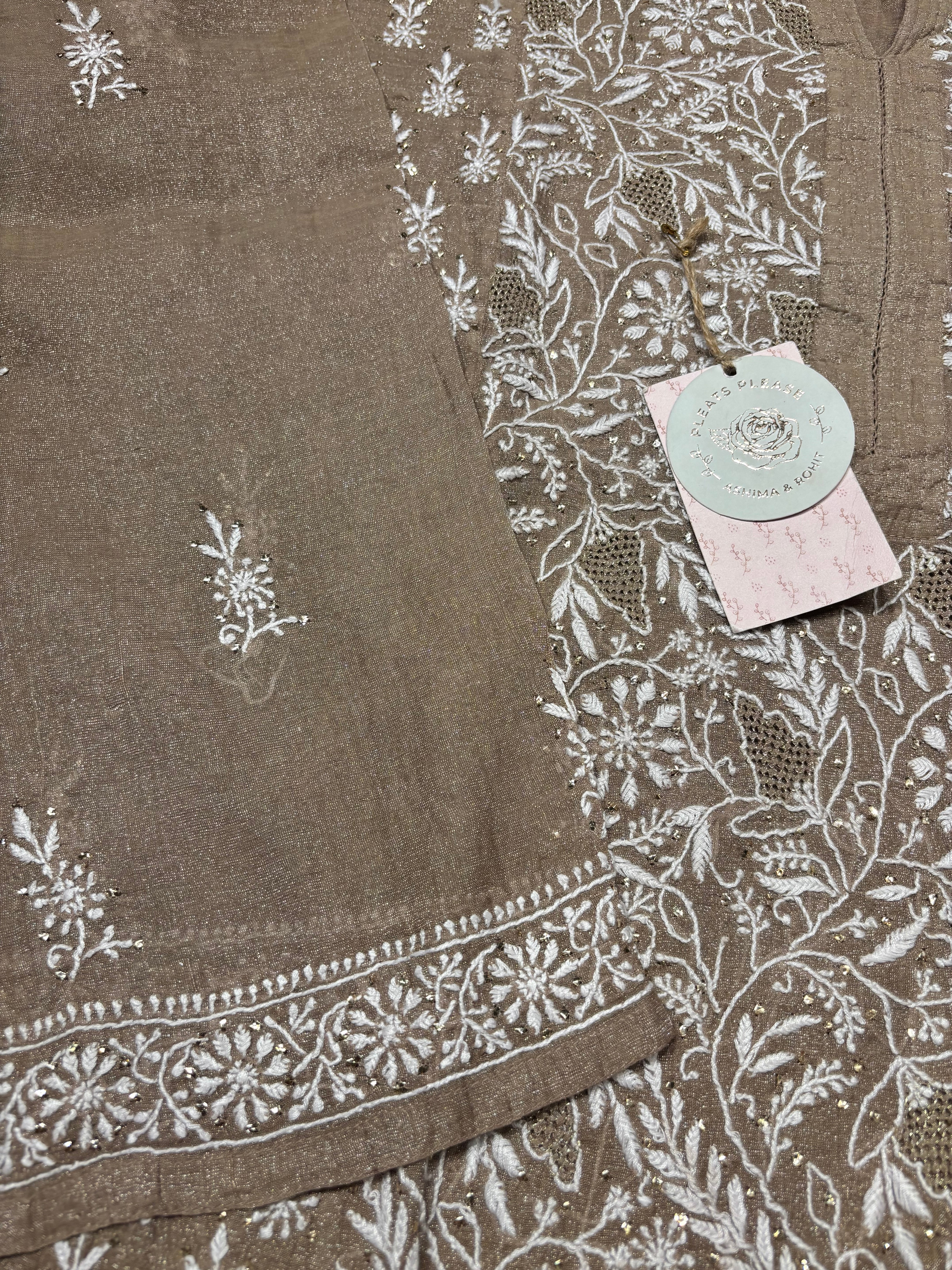 Brown Pure And Premium Tissue Chikankari Kurta And Dupatta Set